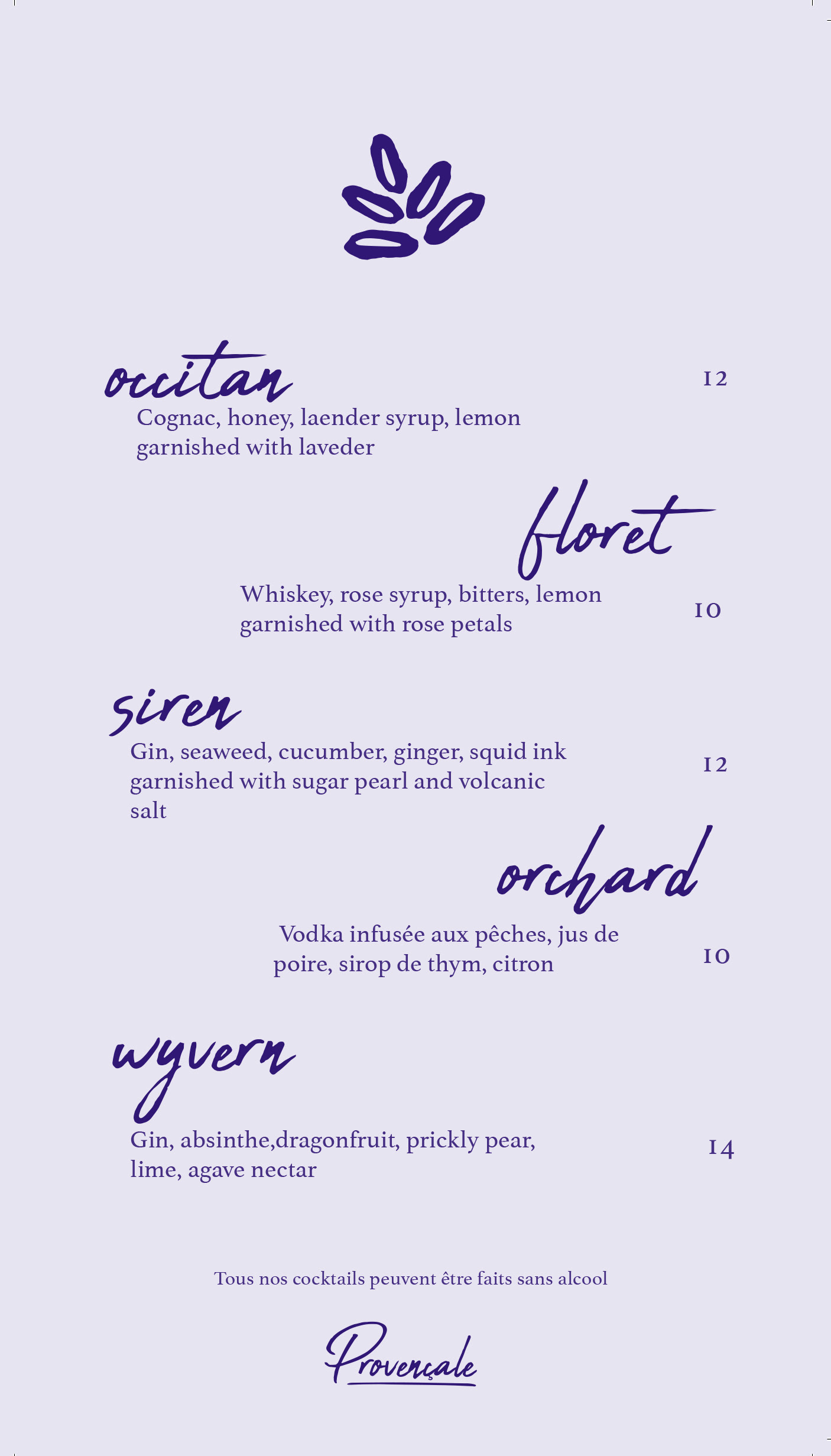 Lavender cocktail menu