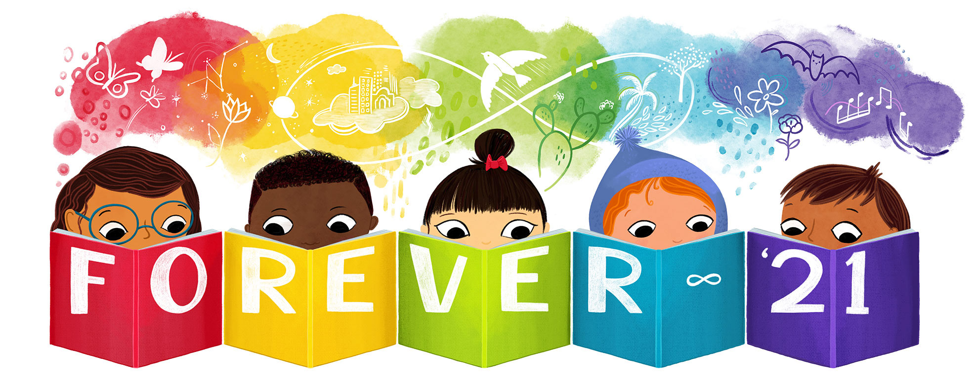 Forever 21 PBS Banner, showing 5 children reading colourful books