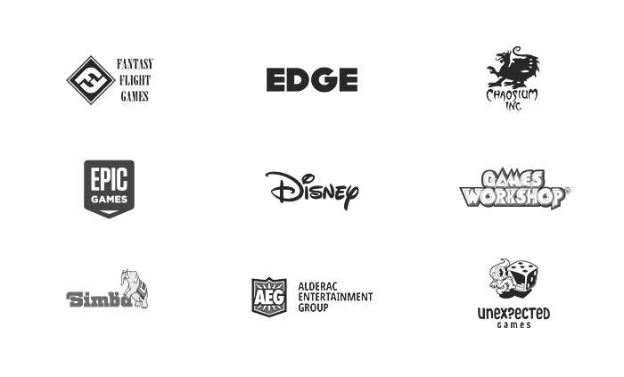 Fantasy Flight Games, Edge Entertainment, Chaosium, Epic Games, Disney, Game Workshop, Simba, Alderac, Unexpected Games logos. Publishers, clients and licesing companies.