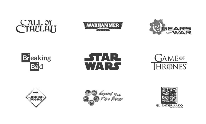 Call of Cthulhu, Warhammer 40K, Gears of War, Breaking Bad, Star Wars, Game of Thrones, El Hormiguero, Legend of the Five Rings, El Internado logos. IPs.