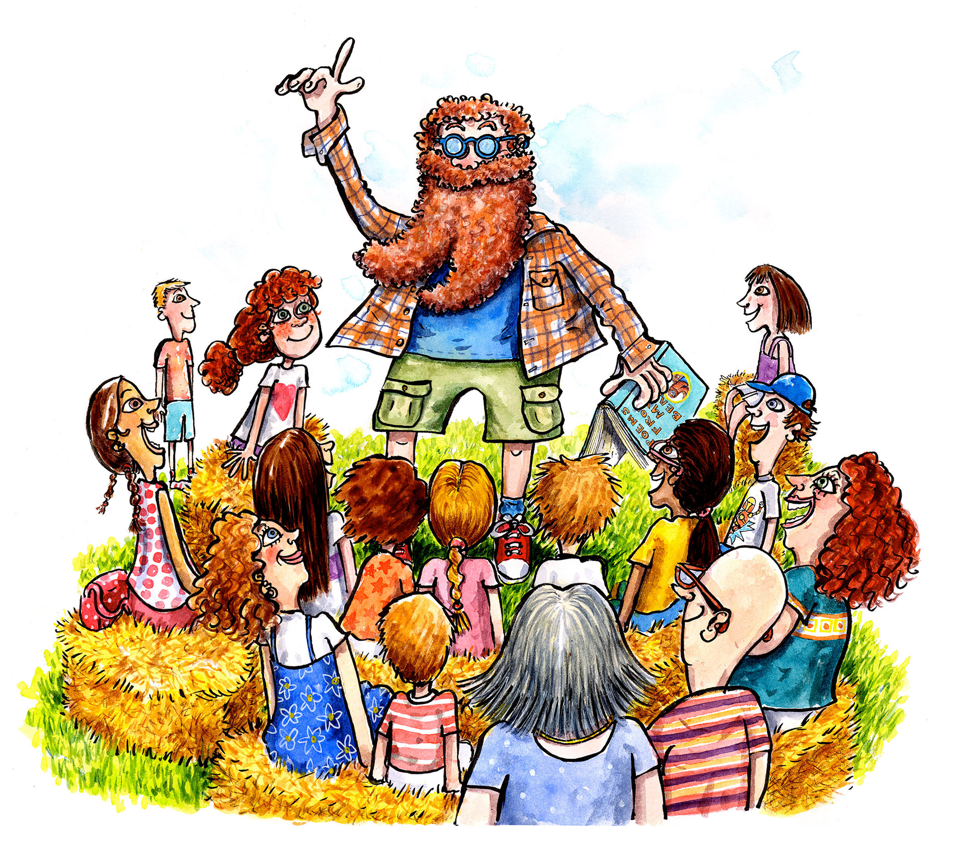 Illustration in water colour and ink; a bearded poet reading poetry at an arts festival with an audience of adults and children