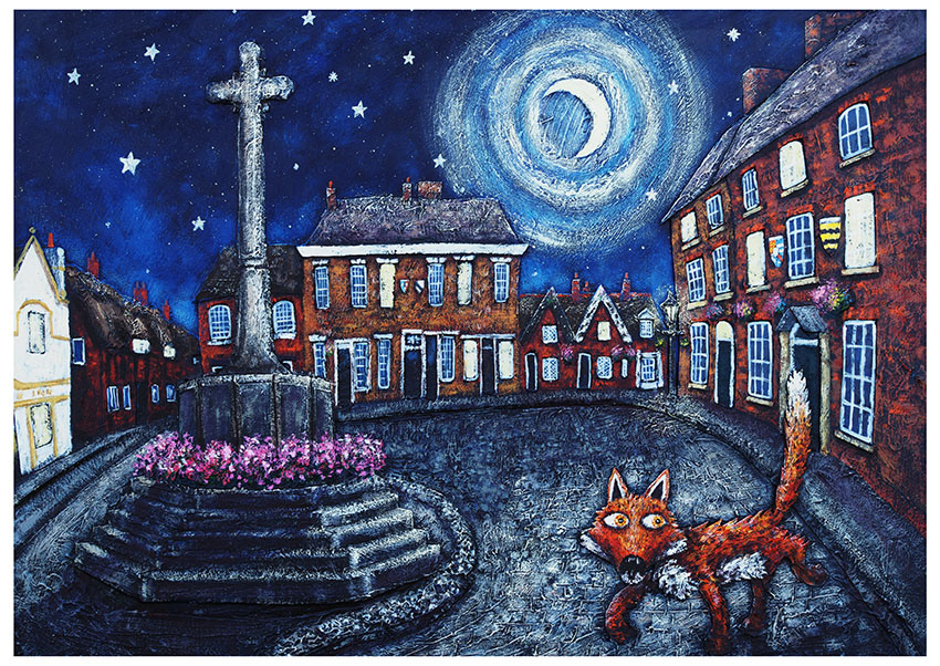 Contemporary painting of The Square, Market Bosworth, Leicestershire at night with a fox