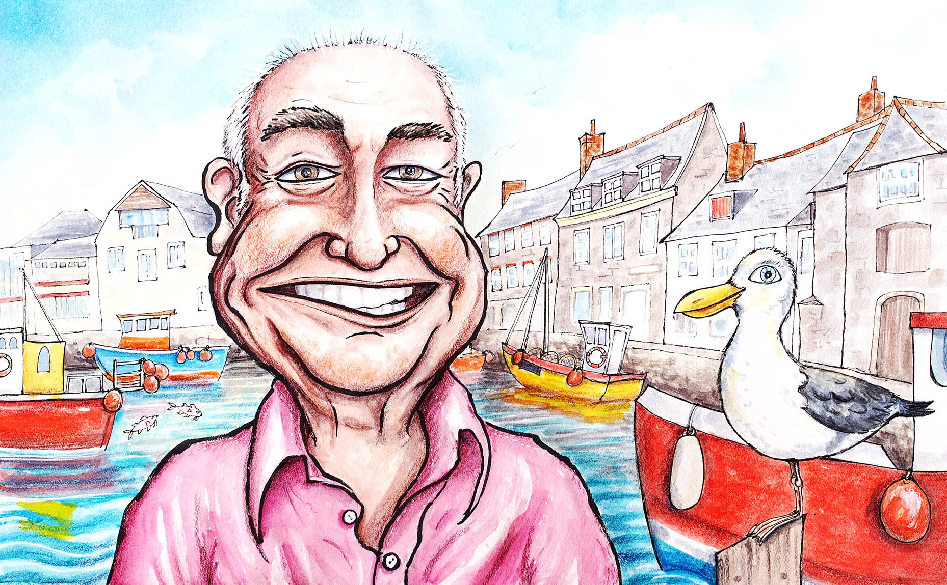 Rick Stein in Padstow harbour with seagull caricature