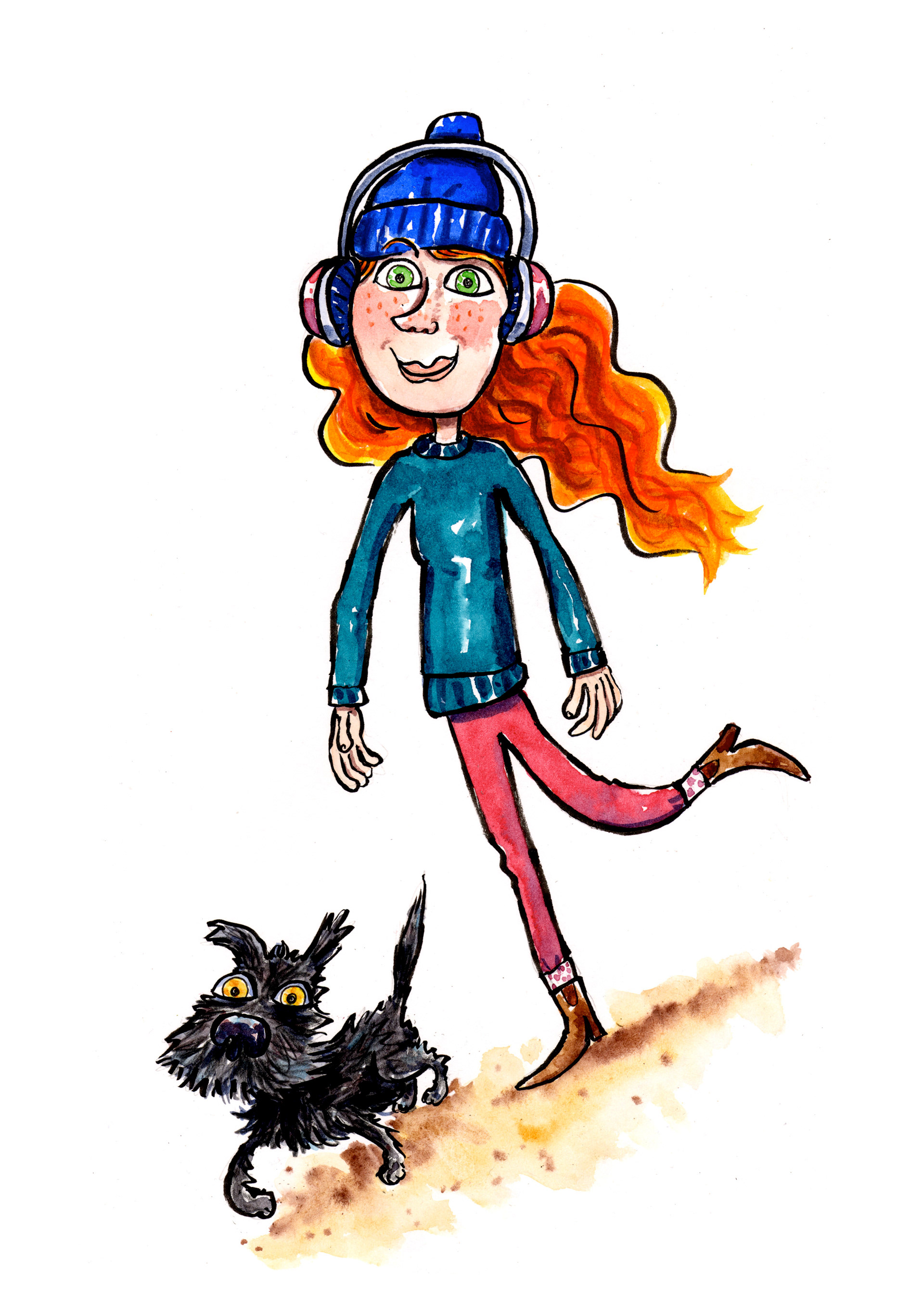 A girl with red hair walks a terrier dog with her headphones on