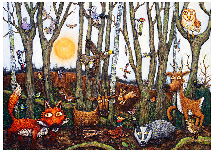 a contemporary painting with British woodland wildlife . A fox, badger, hare, deer and a buzzard are amongst the many animals featured