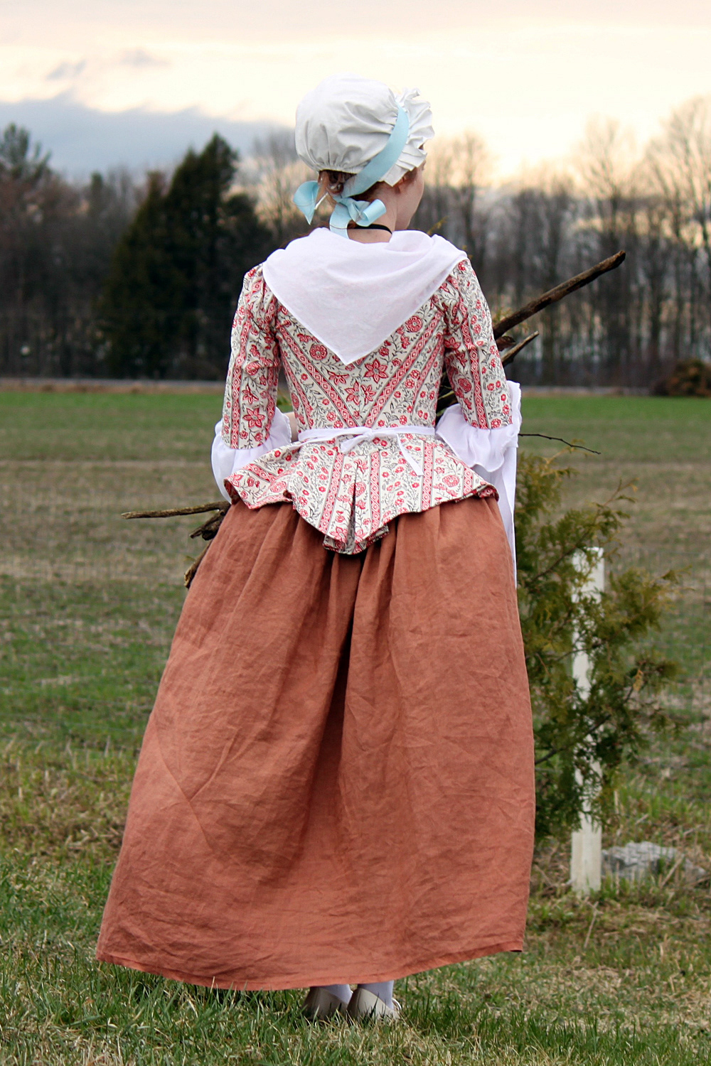 18th Century Caraco Jacket: Cotton 1780s jacket made from Colonial Williamsburg 1775-80 reproduction fabric.