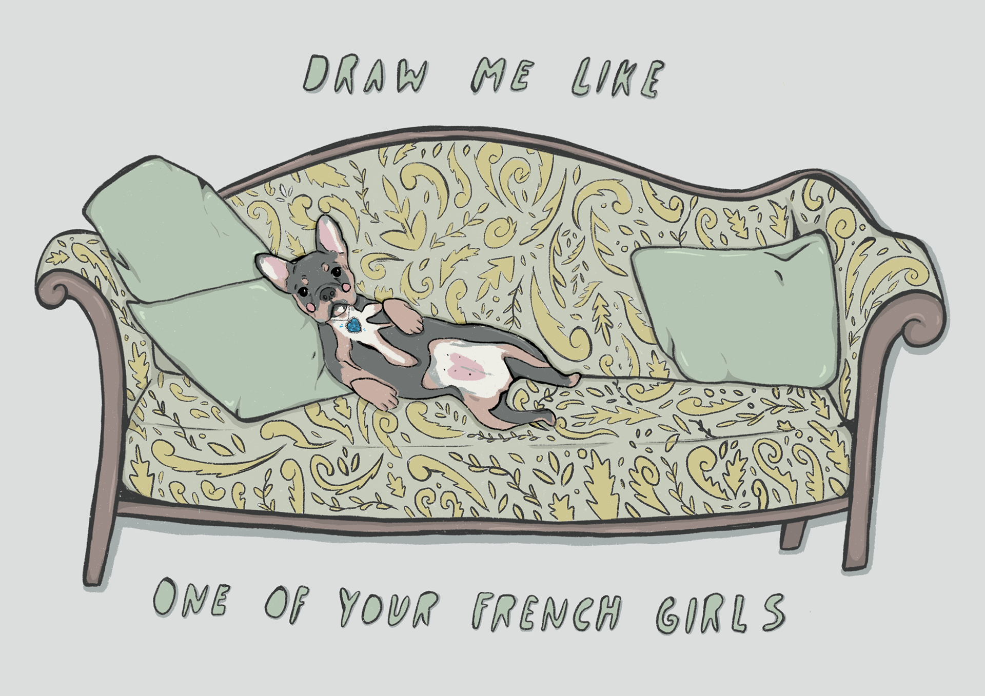 Digital illustration. Client requested their dog in the iconic Titanic scene, with the quote.