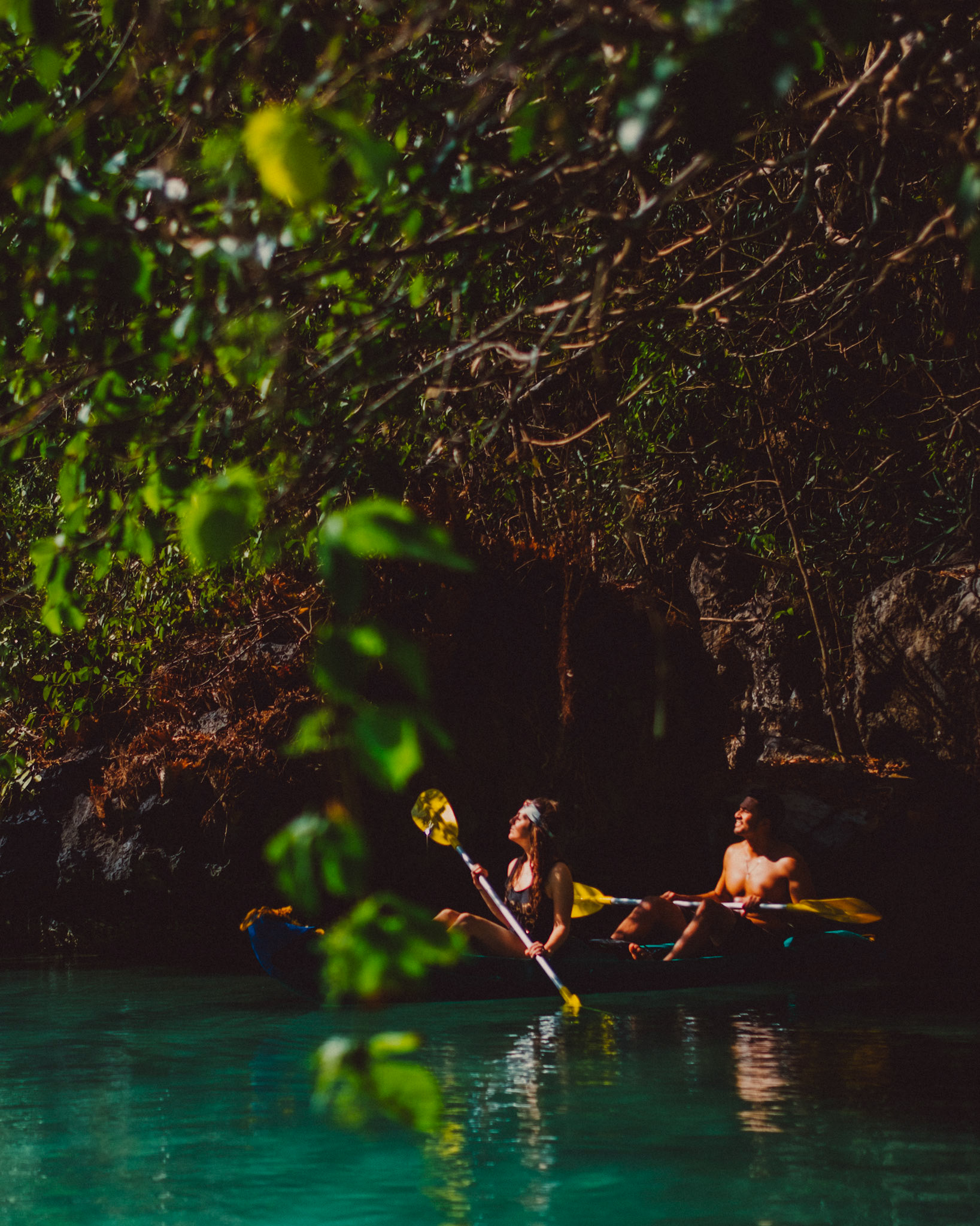 Moody couple portraits while kayaking in the Big Lagoon, from Peter &amp; Alexis' adventure pre wedding photo shoot in Miniloc Island, El Nido, Palawan, Philippines, Southeast Asia, April 2018, Fuji XH1