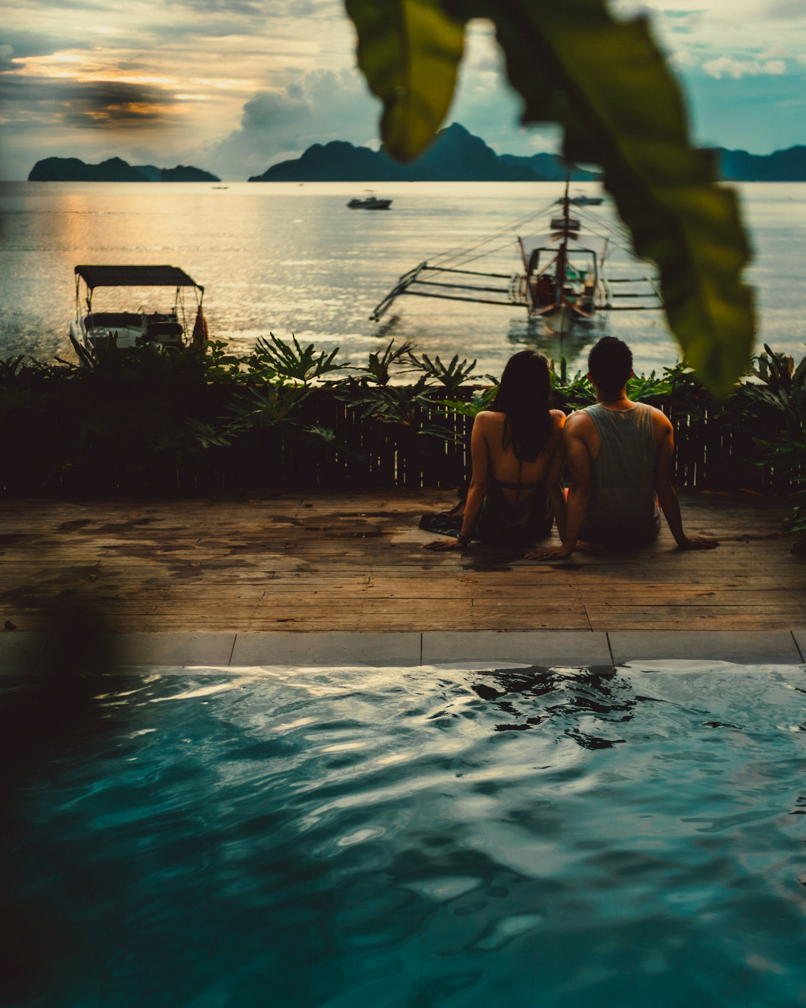 At Frangipani El Nido's poolside moments before an overcast sunset, from George and Allie's honeymoon portrait shoot, Corong-Corong Beach, El Nido, Palawan, Philippines, Southeast Asia, December 2018, Sony A7III