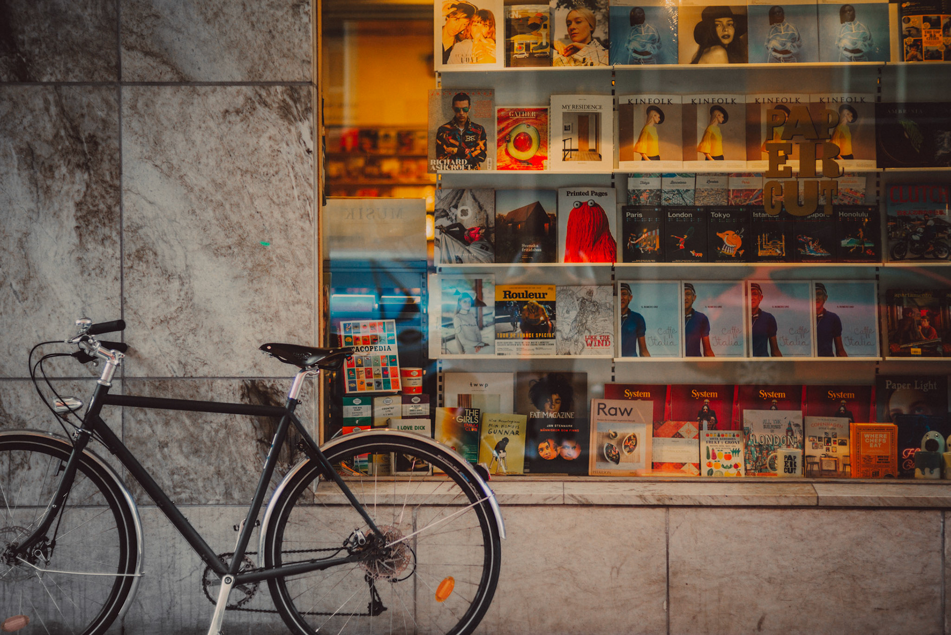 Kinfolk, Monocle Travel Guides, System, Ambrosia, Printed Pages, among other indie zines at Papercut, Stockholm, Sweden, July 2016, Leica M.