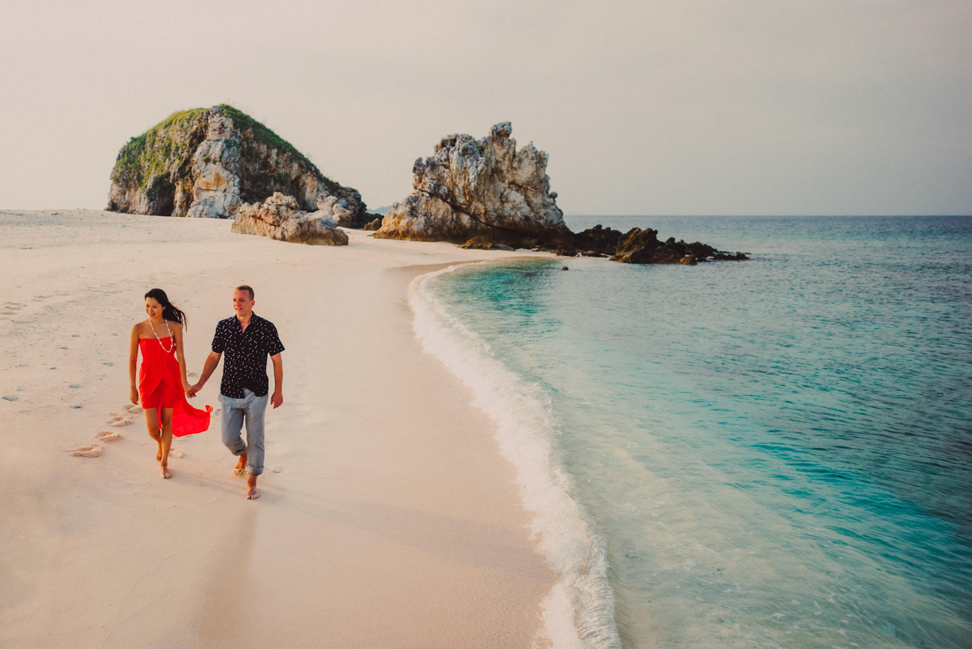 Couple portraits on a white sand beach, Renaud and Kat's island hopping adventure session in Malpagalen Island, Club Paradise, Coron, Palawan, Philippines, Southeast Asia, August 2018, Leica M