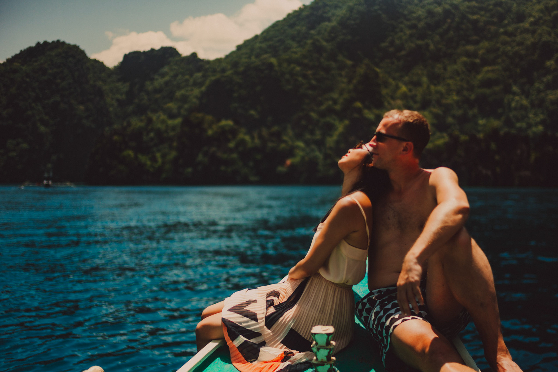 Couple portraits on an island hopping tour boat en route to Coron Island, from Renaud and Kat's island hopping adventure session in Coron, Palawan, Philippines, Southeast Asia, August 2018, Leica M