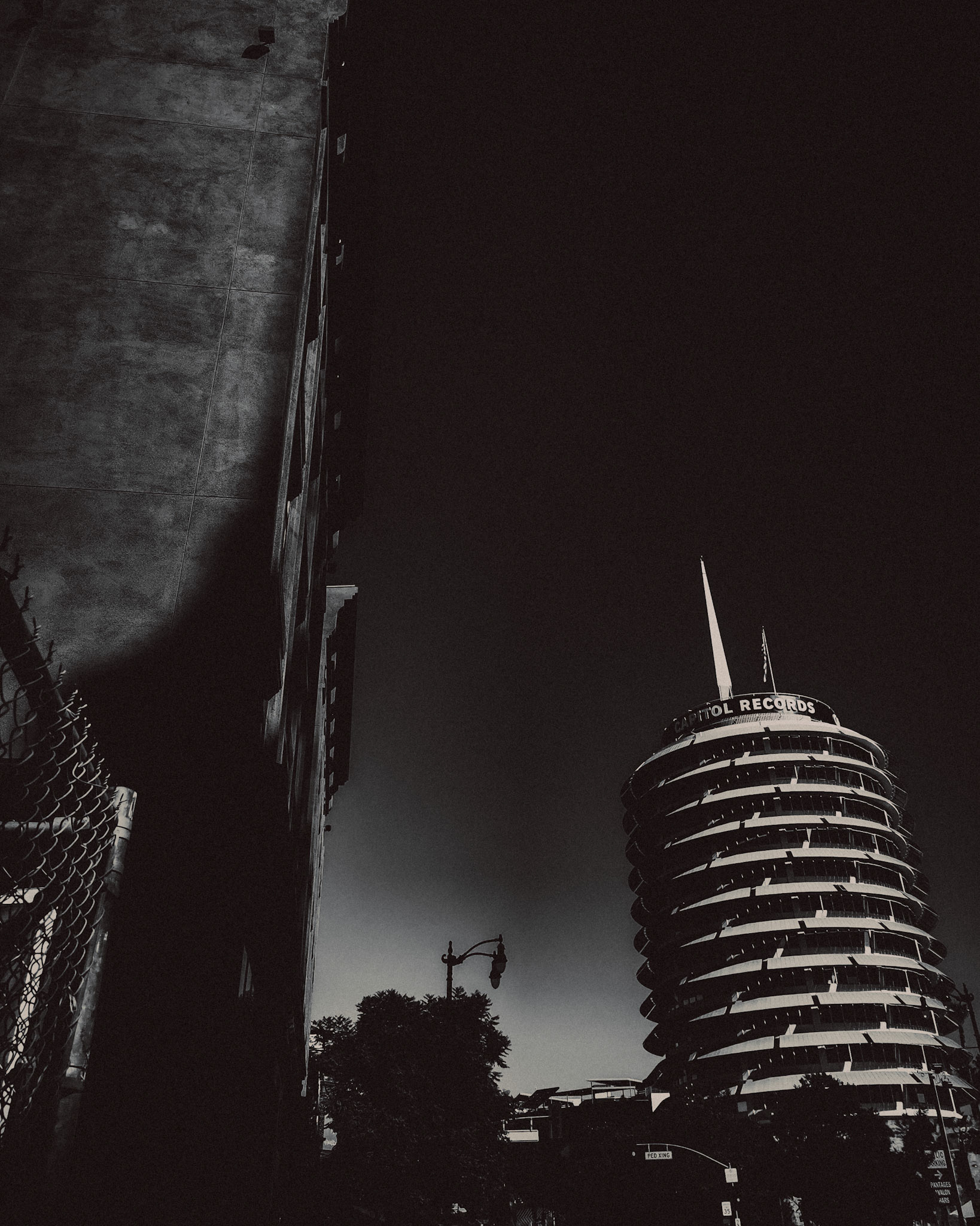 Capitol Records in black and white, Los Angeles, California, USA, October 2019, Huawei P30 Pro.