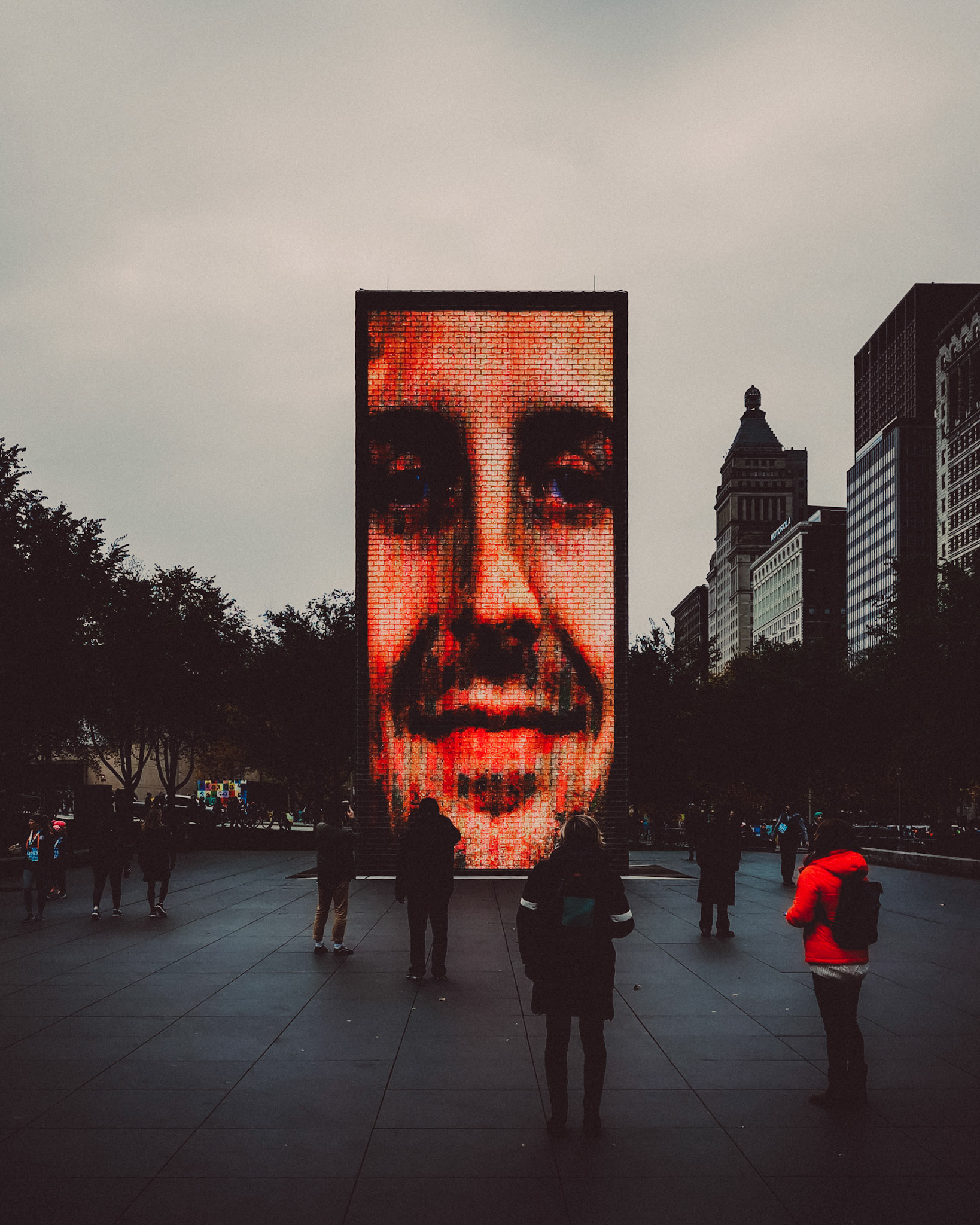 The Crown Fountain on a gloomy day, Chicago, Illinois, USA, November 2019, Huawei P30 Pro.
