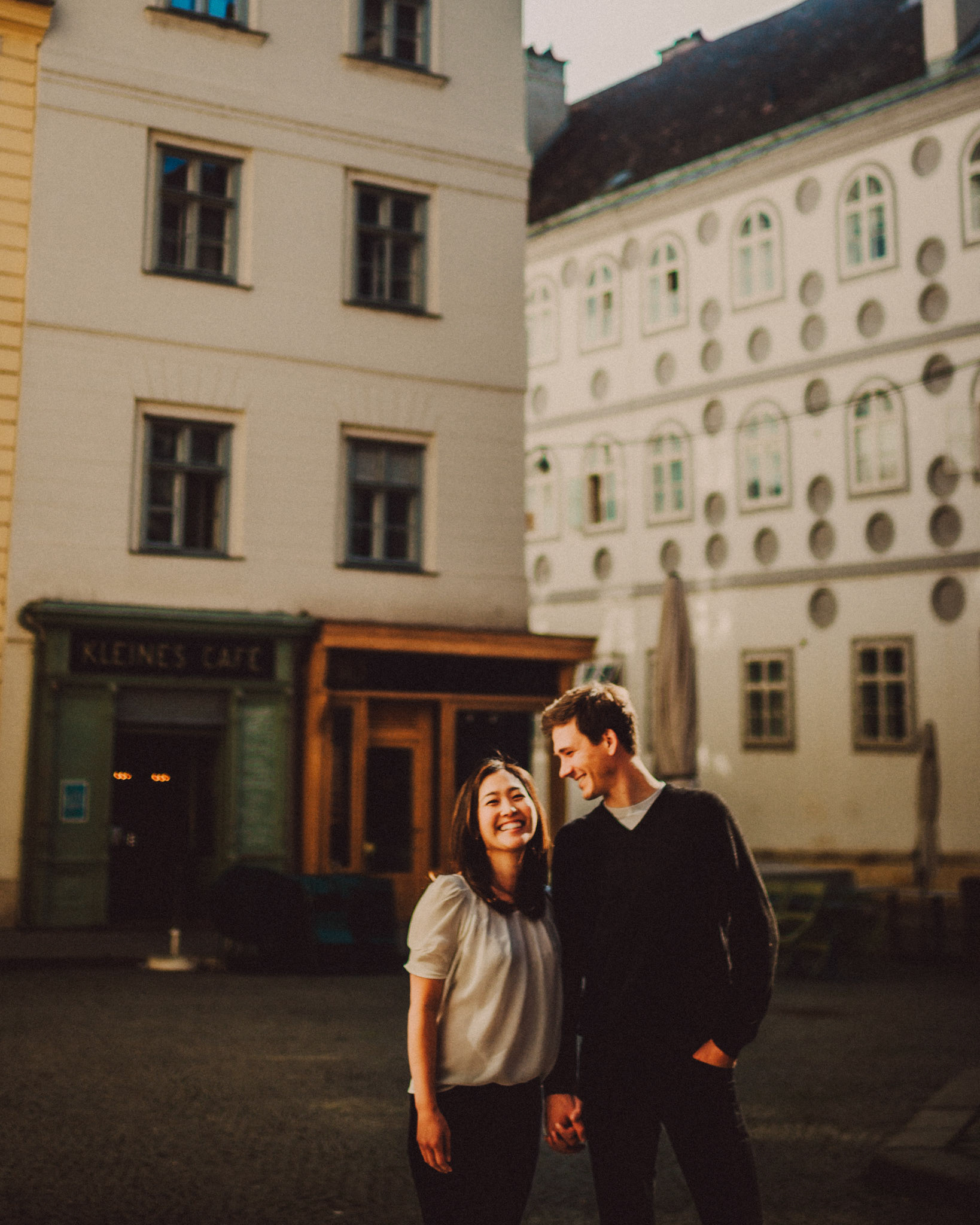 Casual destination engagement photos inspired by "Before Sunrise" movie locations, Kleines Café, Innere Stadt, Vienna, Austria, August 2017, Leica M.