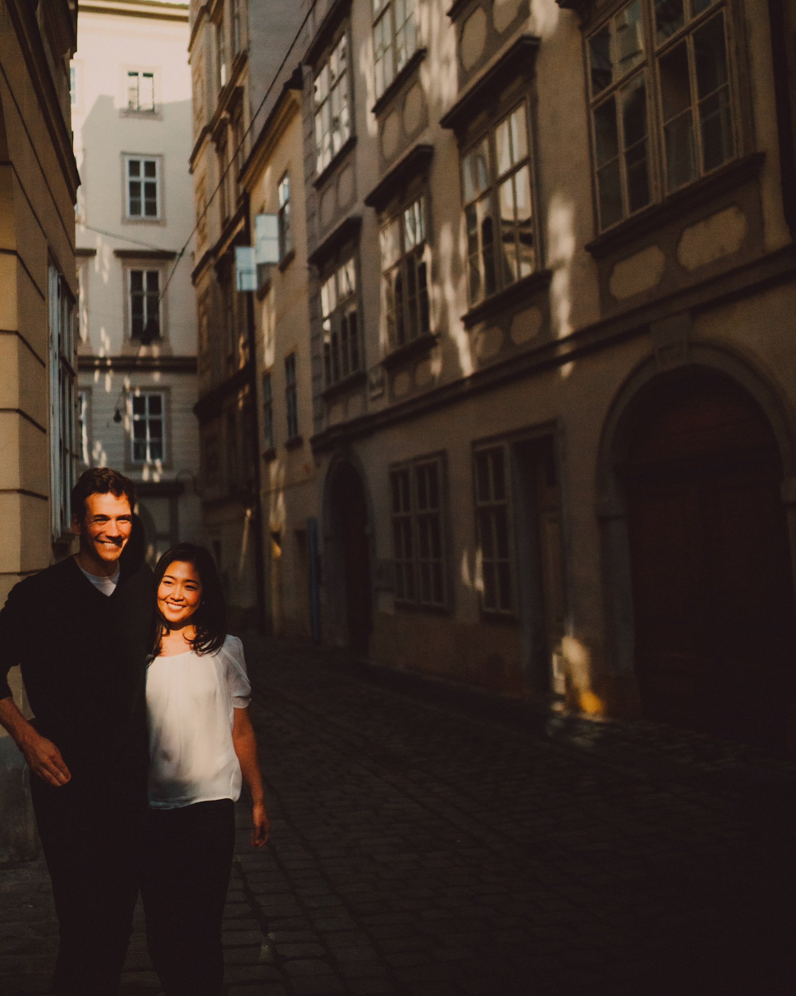 Casual destination engagement photos with moody lighting, Innere Stadt, Vienna, Austria, August 2017, Sony A7RII.