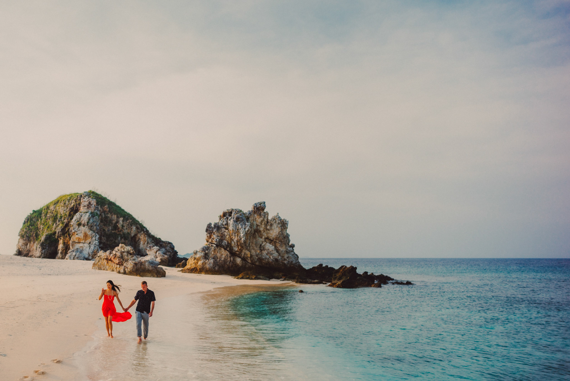 Couple portraits on a white sand beach, Renaud and Kat's island hopping adventure session in Malpagalen Island, Club Paradise, Coron, Palawan, Philippines, Southeast Asia, August 2018, Leica M