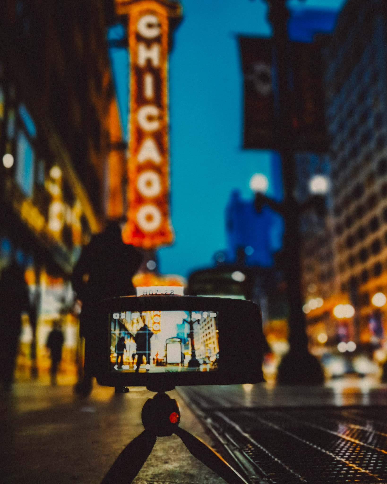 Chicago Theater as seen from a Blackmagic Pocket Cinema Camera 4K's display, Chicago, Illinois, USA, November 2019, Huawei P30 Pro.