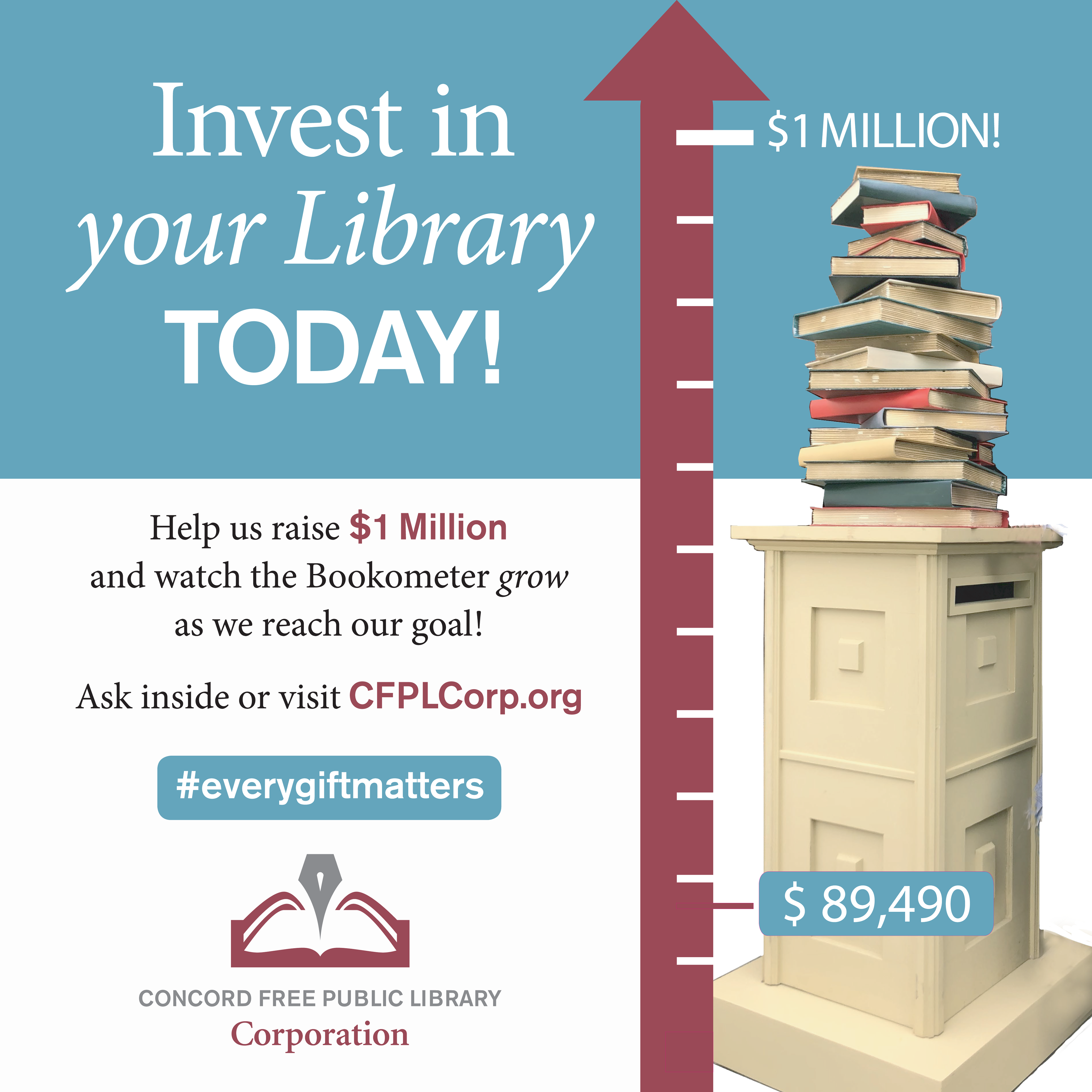 Created and added rising book drop over flow theme to Concord Public library fundraiser. Banner/lawn sign