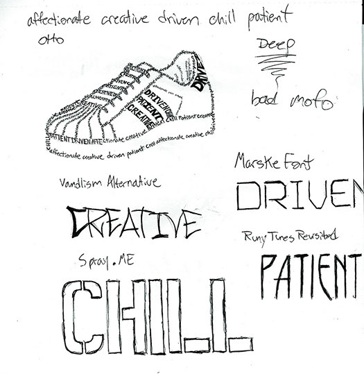 <-- Created the adidas shell toe (typographical drawing) using only 6 words or pieces of the 6 words. Sketches of idea and some of the chosen typefaces and concept.