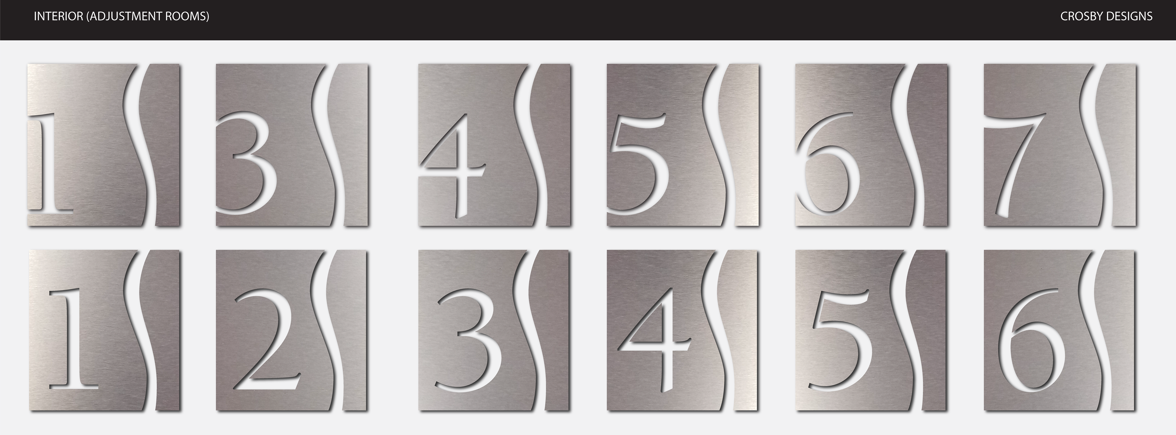 Adjustment room number design options. Bottom row was approved for the final install.