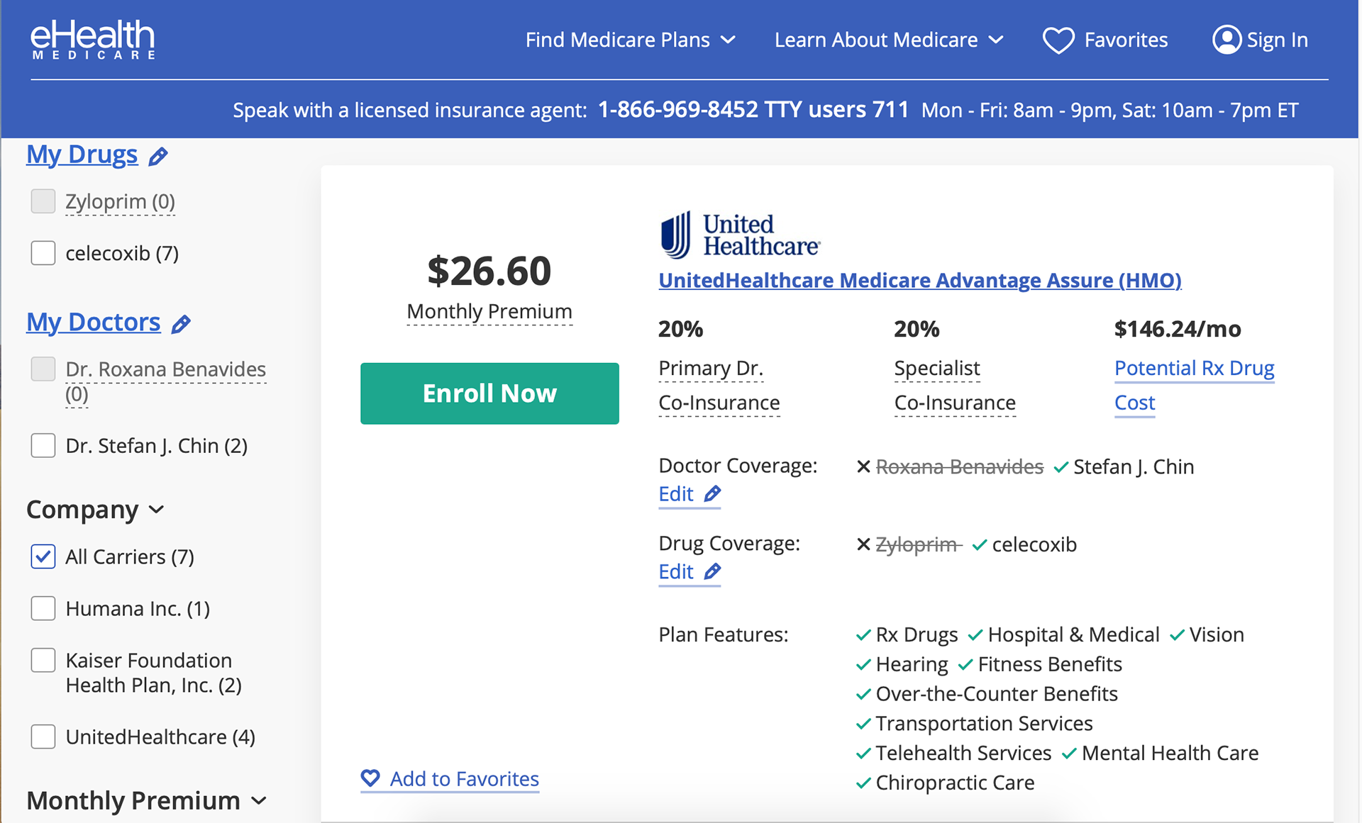 Drug and Doctors covered was now shown in the plan selection details.
