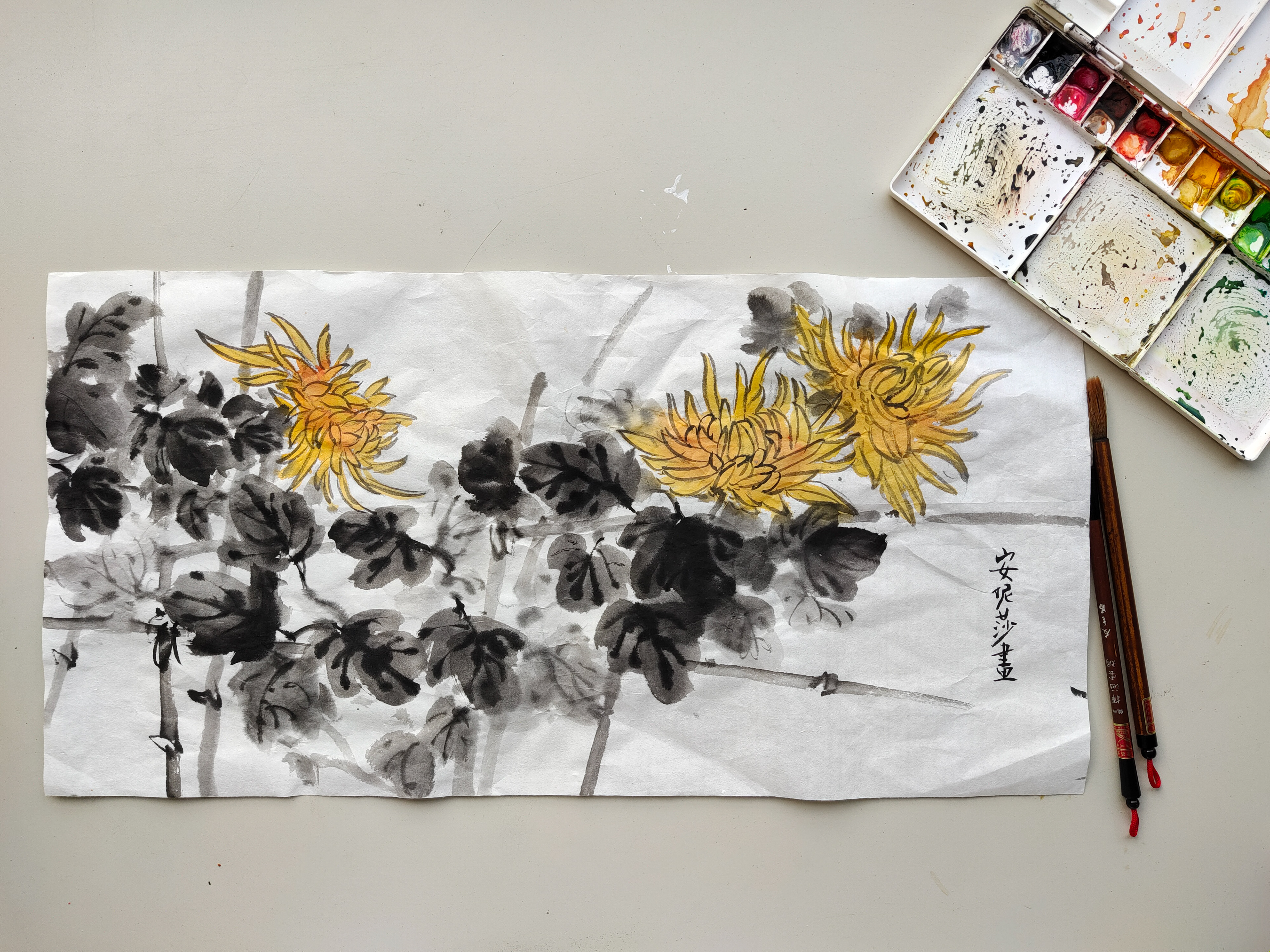 Chinese Watercolor Flowers and leafs
