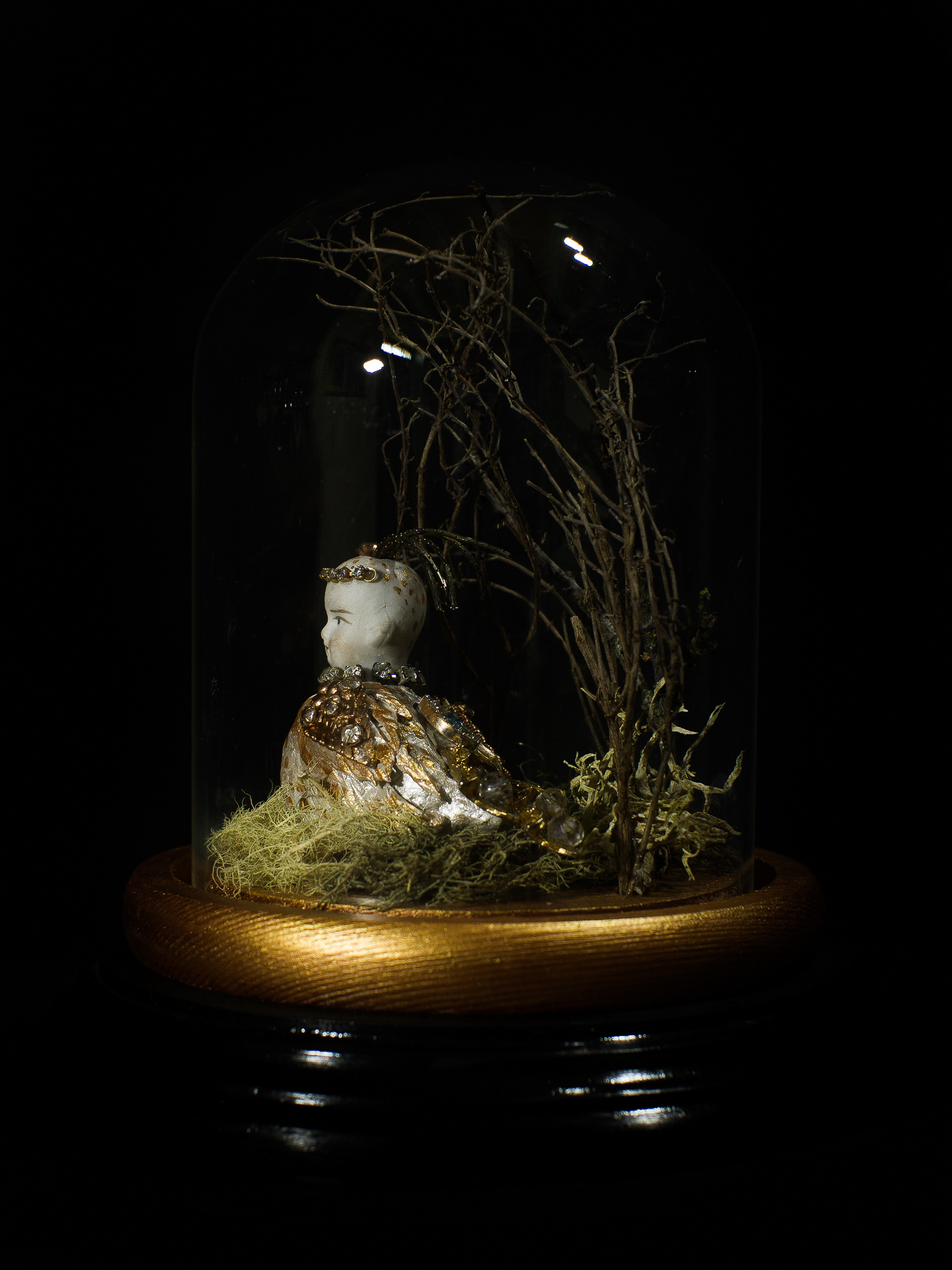 The Cuckoo’s Nest - Antique German bisque doll’s head, clay, vintage jewellery, glass and wood bell jar. 18 x 15