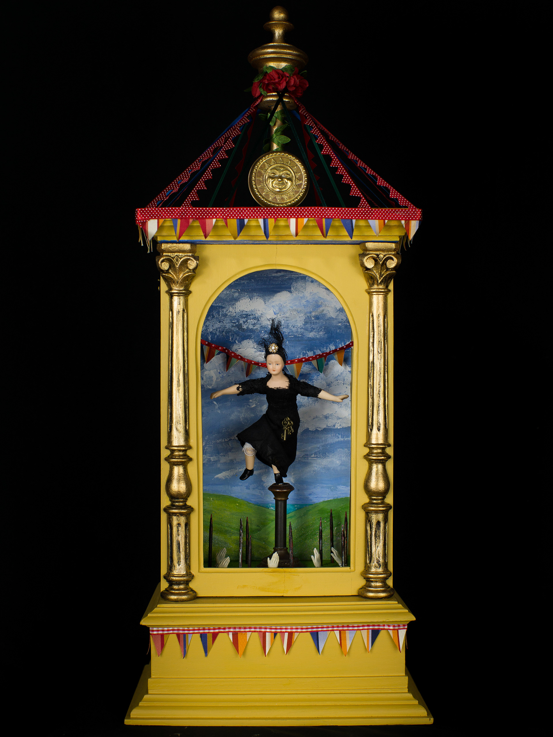 The Balancing Act - Refurbished antique wooden case, vintage miniature doll, brass, bronze and other metals, glass, paint, wood and textiles. 64 x 20 x 16