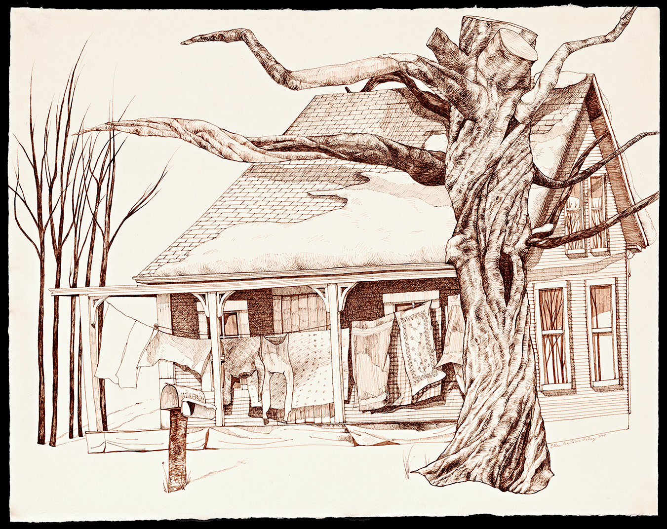 Porch Laundry Line, Vermont | Print from Original Sepia Pen&Ink