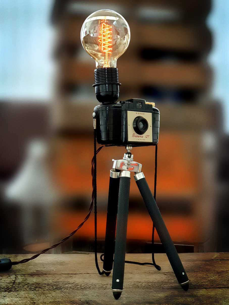 Upcycled Vintage 1950s Kodak Brownie Camera Edison Tripod Lamp