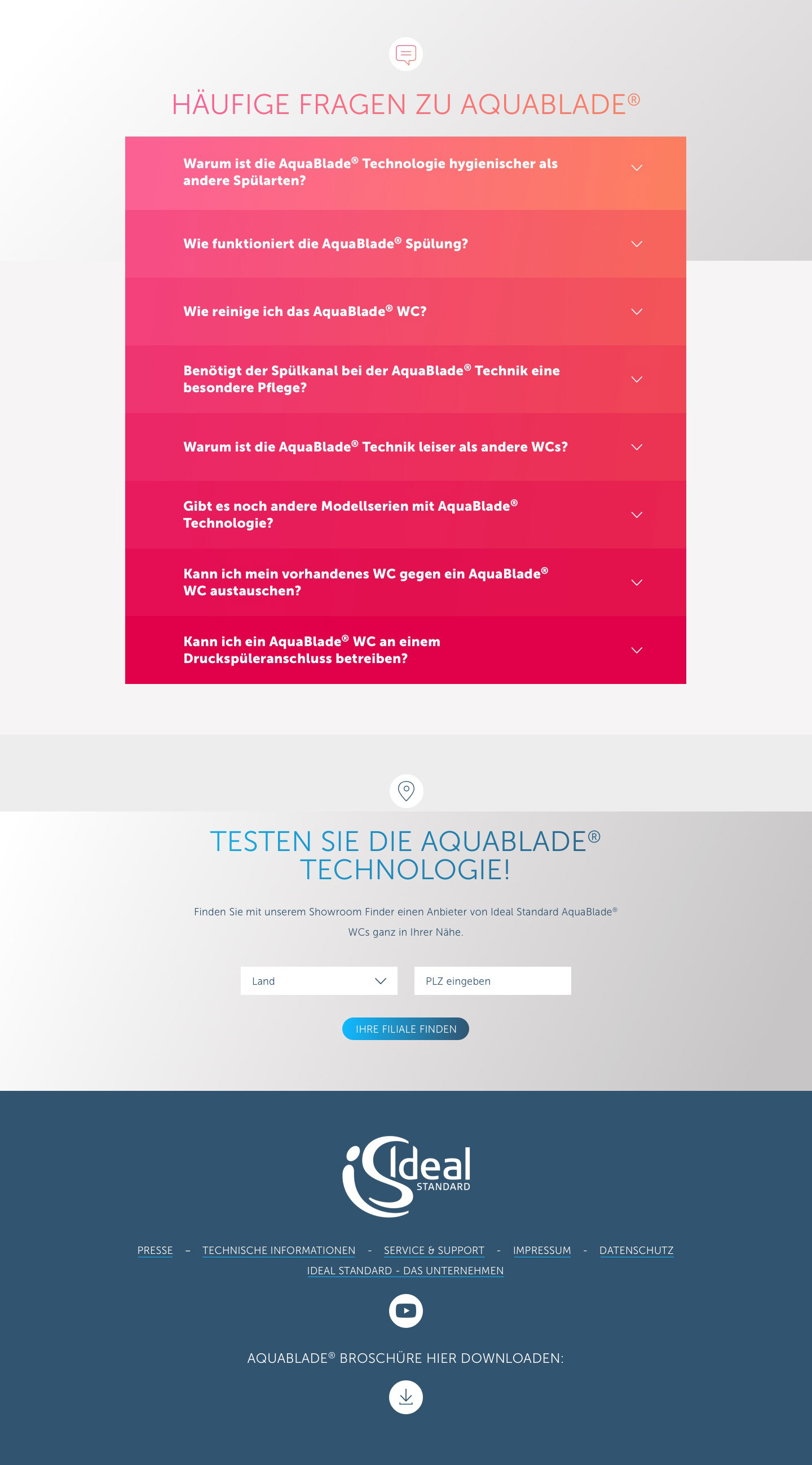 Desktopansicht. FAQs auf der Aquablade Website.