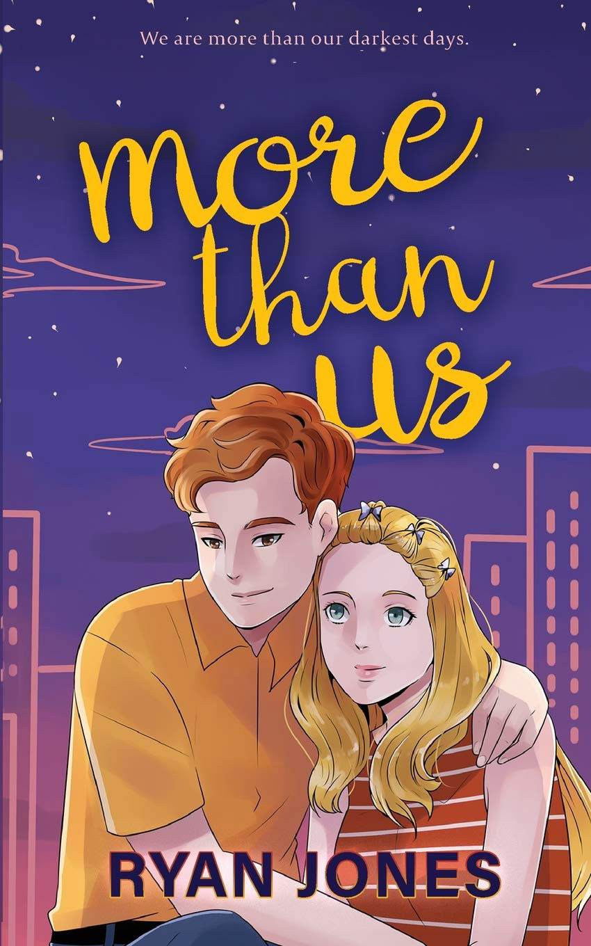 Book cover: A purple city night sky with a boy and girl cuddling in front. Illustrated.