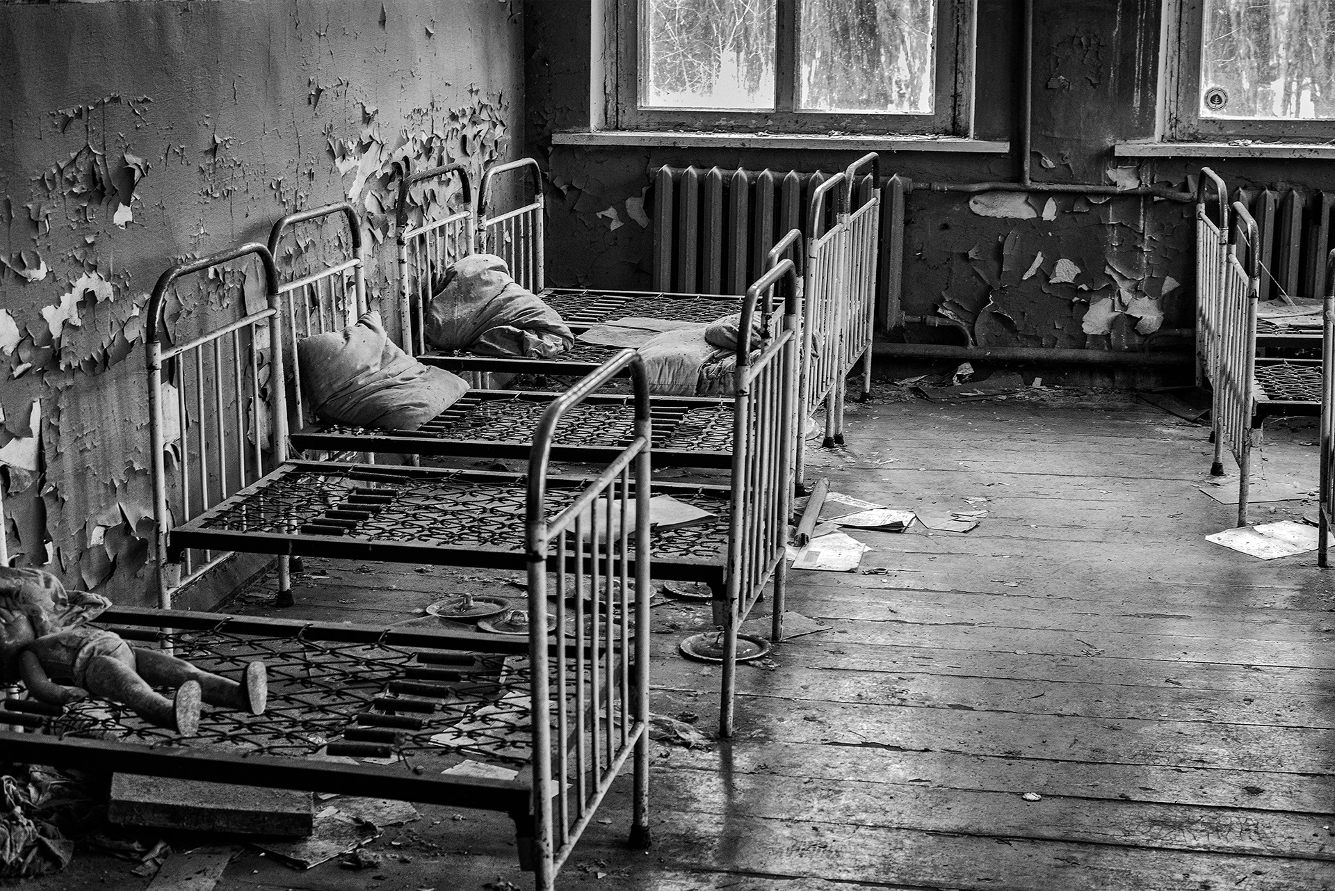 Children's beds in one of the nursery schools within the exclusion zone