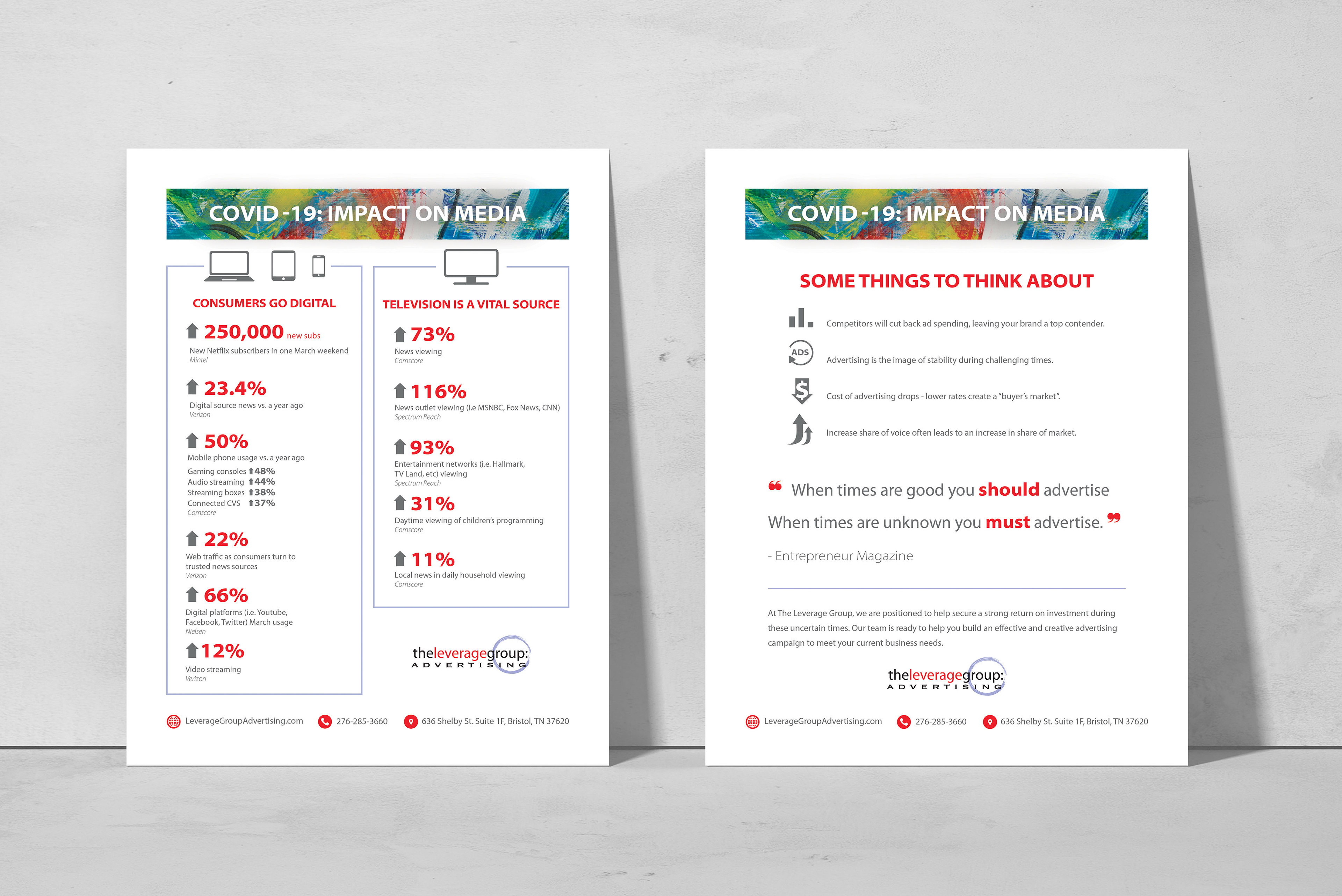 Leverage Group advertising during pandemic 2 sheet