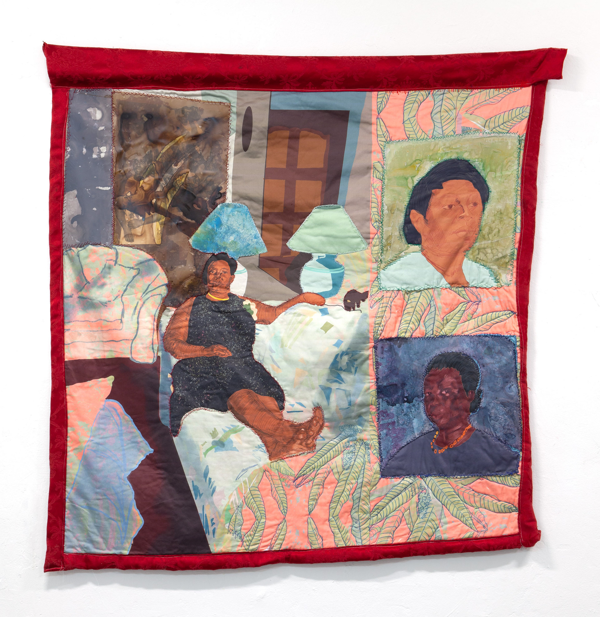 Papi Iron my Clothes, Papi Lets go to Church, Papi Pa fem Wont, Hand sewing, Mylar, and Ink on Quilt, 2020, Photographed by: Phillip Karp