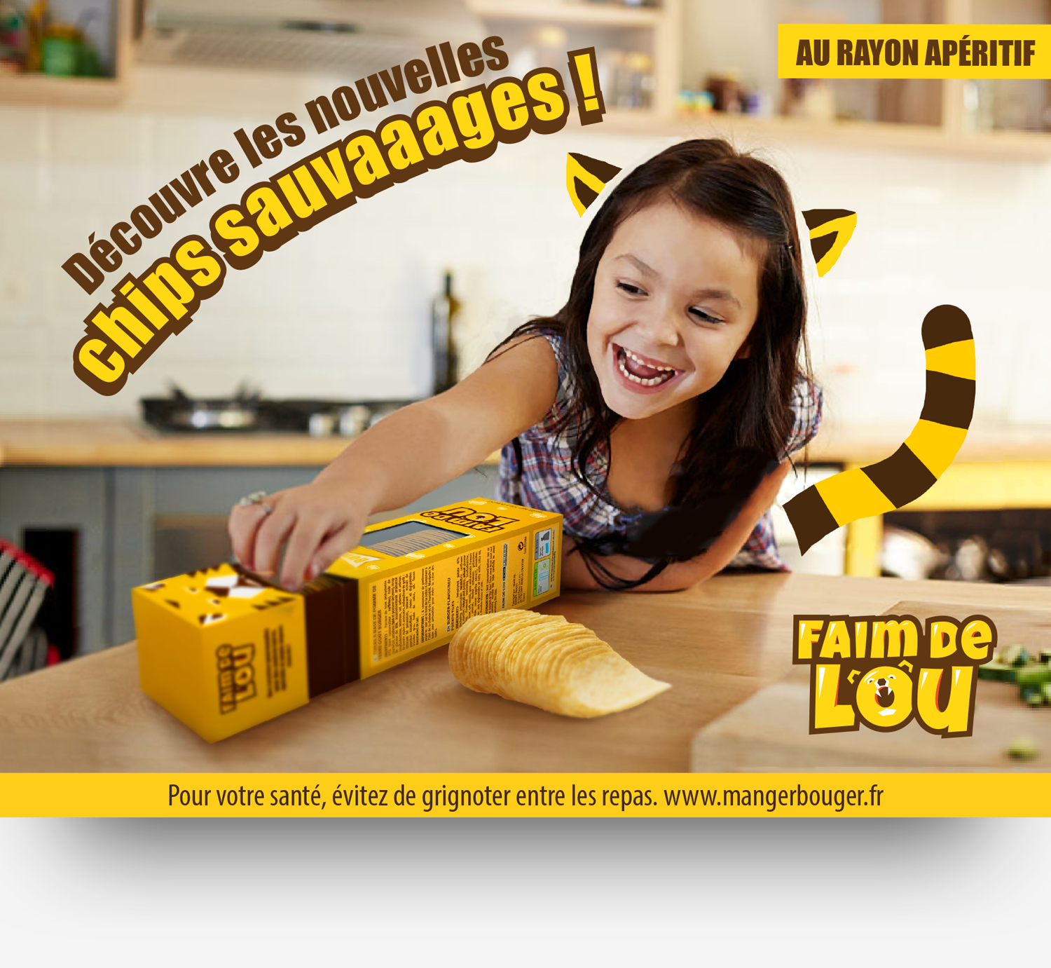 affiche chariot chips gourmande faim de lou fast food fille qui prend chips dans packaging graphisme par marina menu