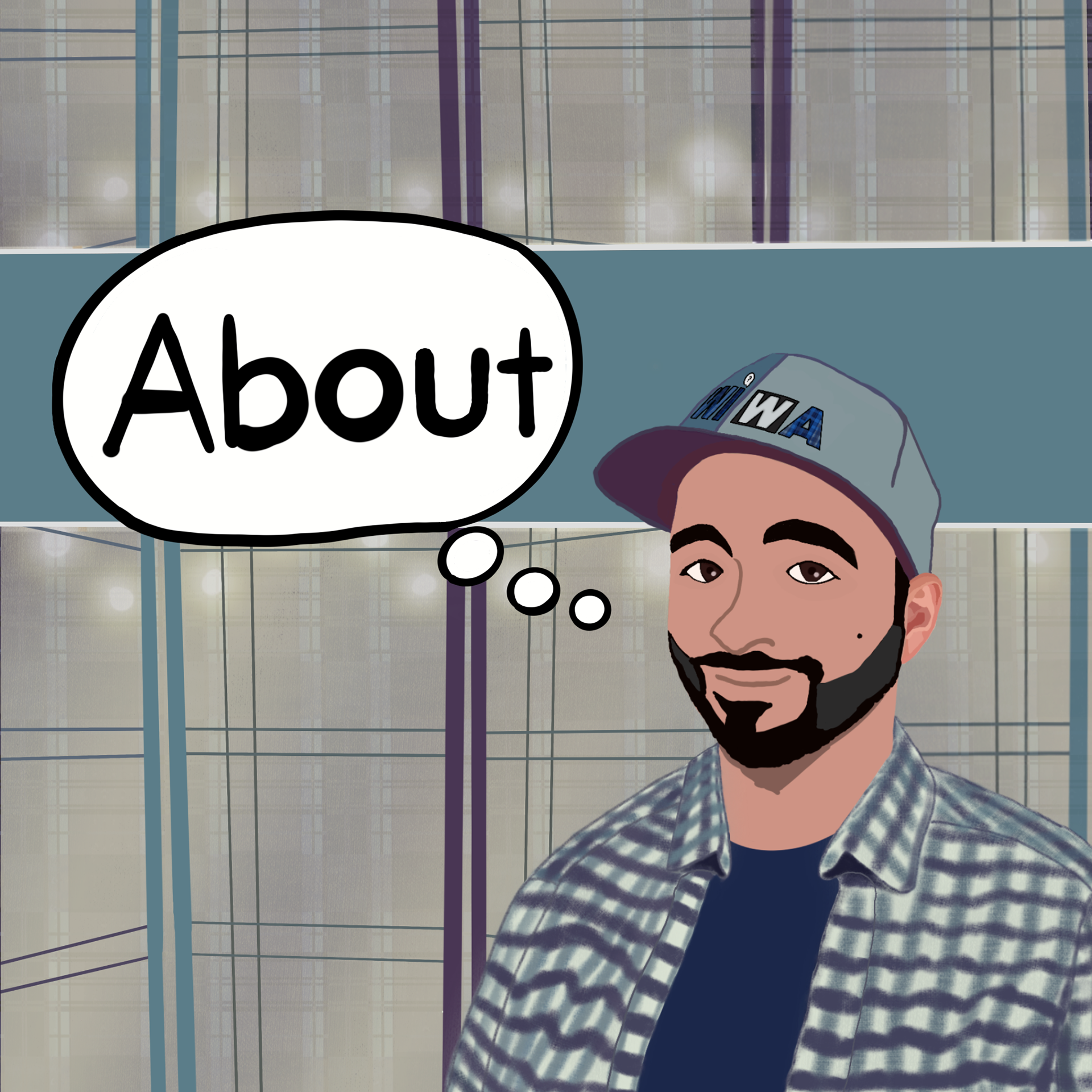 A digital illustration of WIWA founder Tim Becker. He sits in front of a gray room divider decorated with string lights. He wears a blue and white plaid shirt and a gray baseball cap bearing the WIWA logo. The word "About" appears in a cartoon thought bubble above his head.
