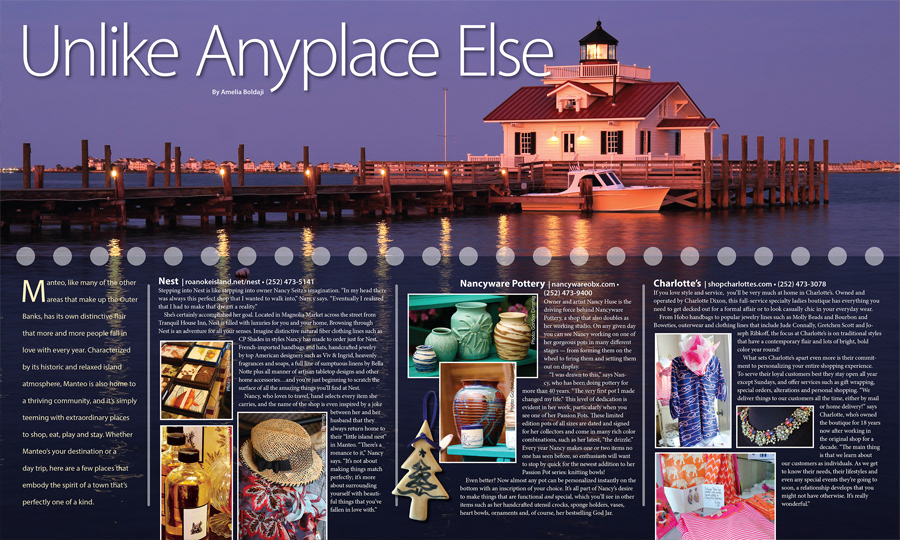 Magazine page design: Manteo, Unlike Anyplace Else
