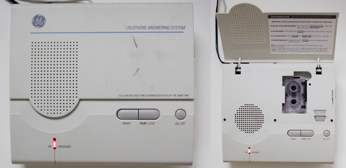Waiting 1998. Answering machine, ringing message, 3” x 6” x 4”. An answering machine sits on a pedestal on the wall. The machine is plugged into an outlet but is not accompanied by a phone. The viewer / listener, is instructed to press "Play." One hears messages of a phone ringing, leaving one with more questions than answers.