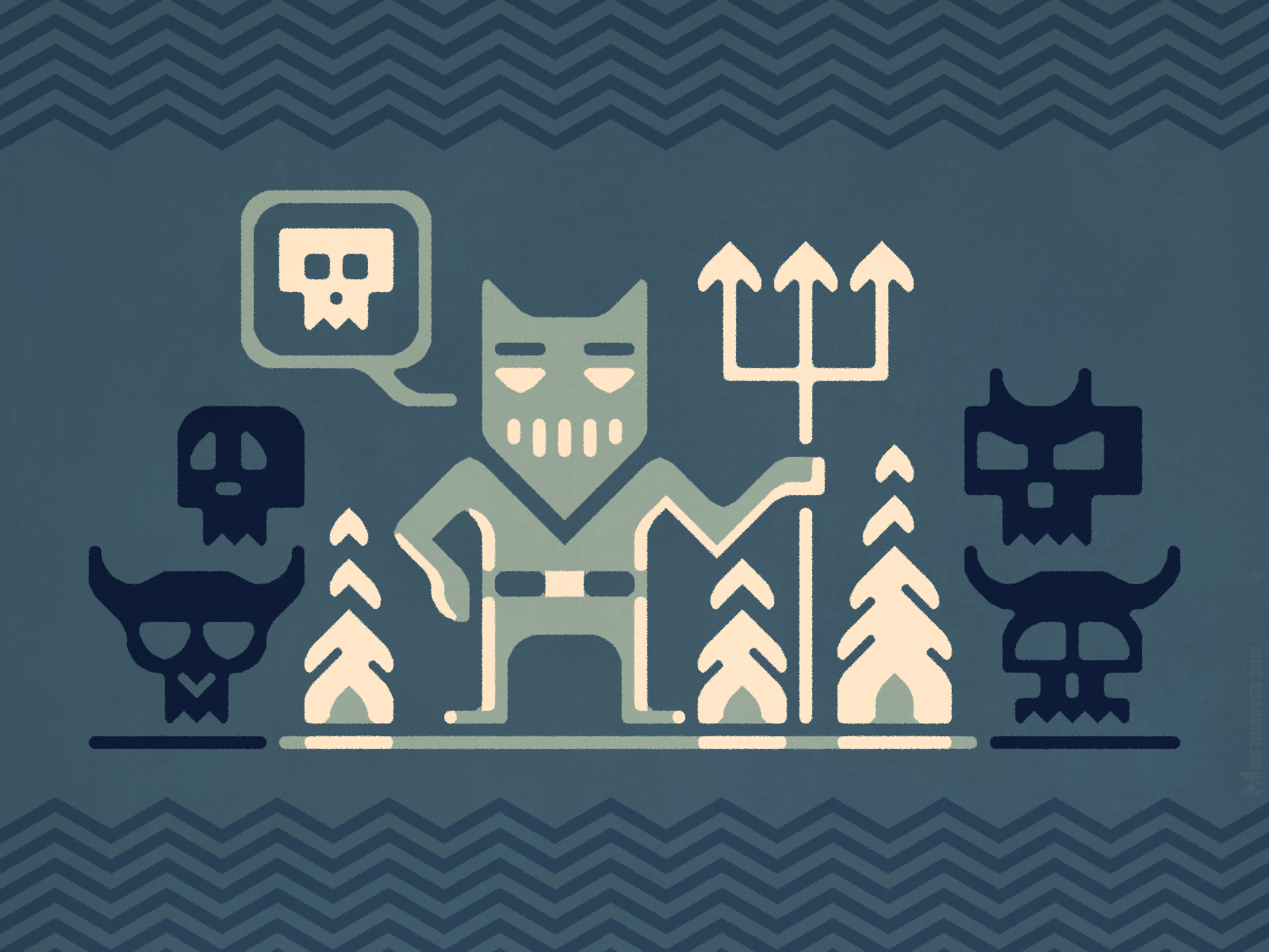 2d, artwork, illustration, illustratie, character, karakter, design, ontwerp, graphic, grafisch, vector, demon, demoon, devil, duivel, hel, hell, skulls, schedels, trident, drietand