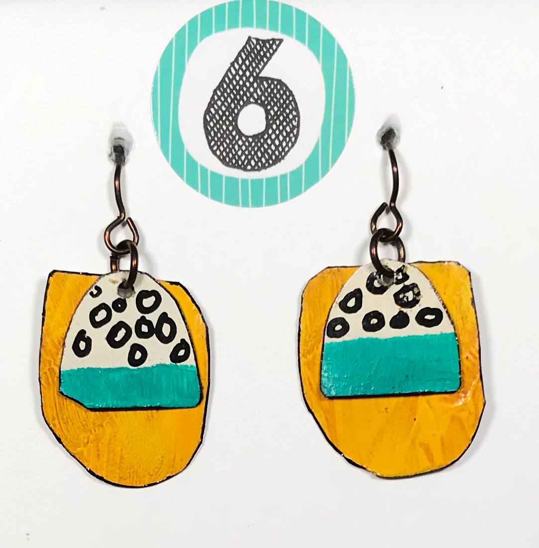 Penny Cox - Grunge Earrings - Mixed media; Tin, Paper, Acrylic, Magic Markers, Niobium Wire - $40
