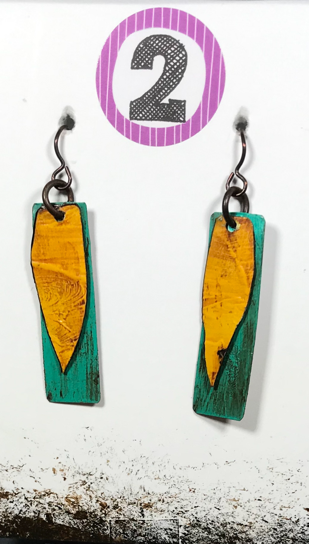 Penny Cox - Grunge Earrings - Mixed media; Tin, Paper, Acrylic, Magic Markers, Niobium Wire - $40