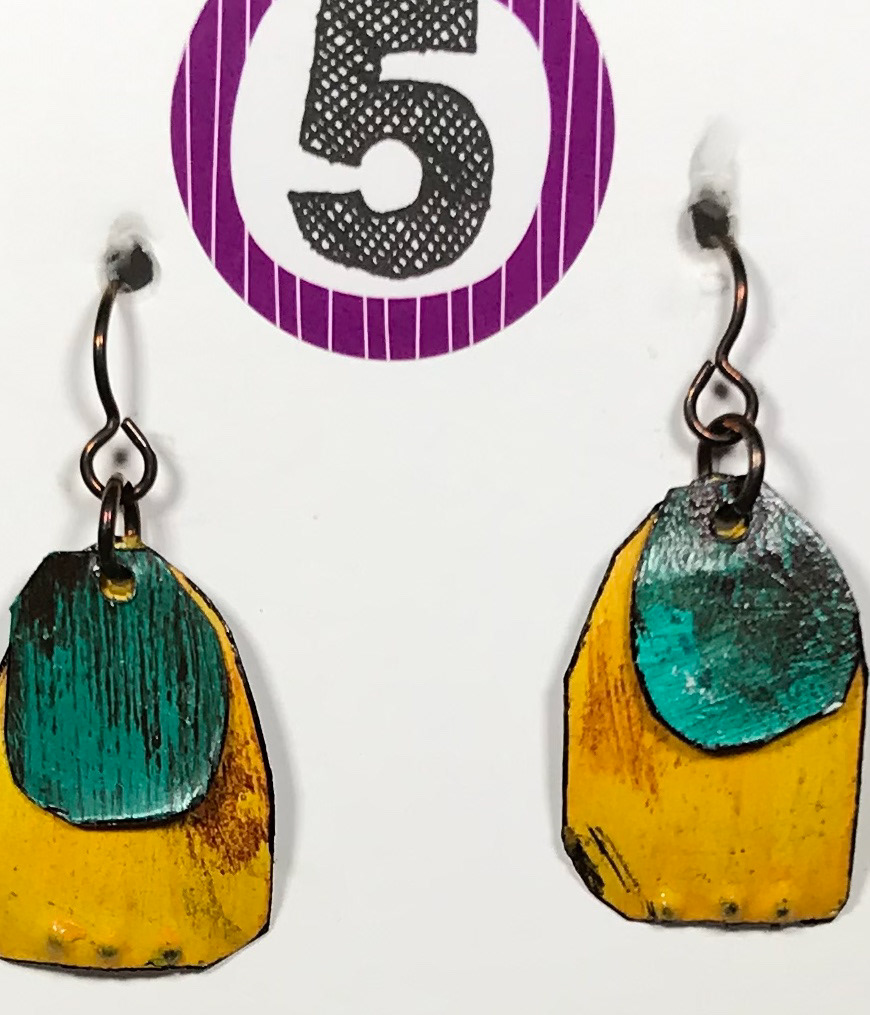 Penny Cox - Grunge Earrings - Mixed media; Tin, Paper, Acrylic, Magic Markers, Niobium Wire - $40