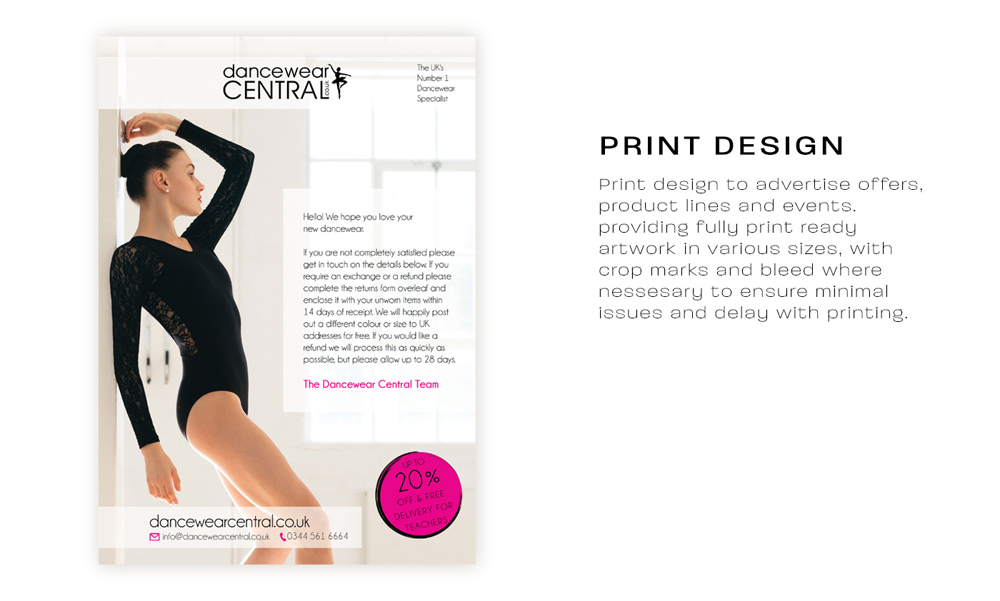Lindsey Ahmet graphic designer print design for client Dancewear Central to advertise offers, product lines and events. providing fully print ready artwork in various sizes, with crop marks and bleed.