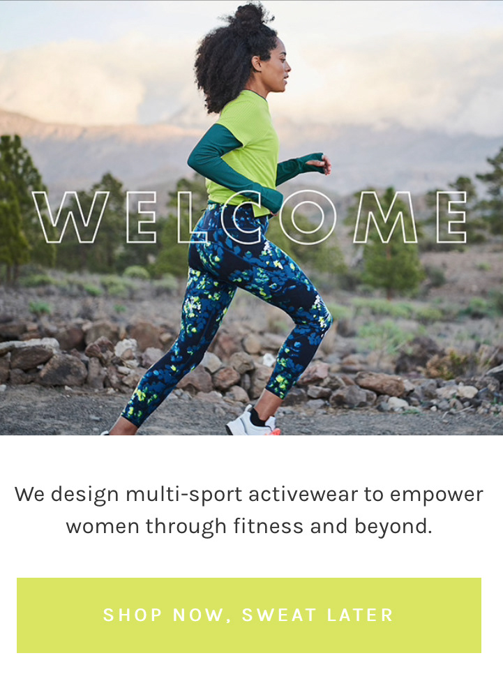 sweaty bettys welcome image banner for their email marketing campaign design including a call to action button