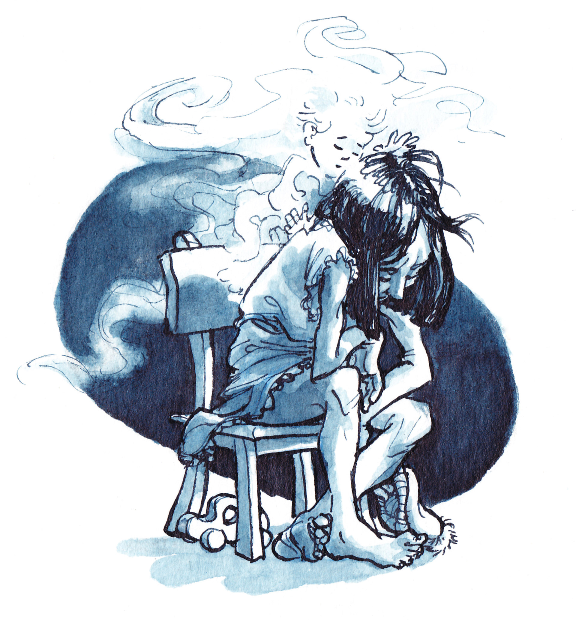 Eine Mutter sitzt in tiefer Trauer und in sich zusammengesunken auf einem Stuhl. Der Geist ihres verstorbenen Kindes umschwebt sie. Illustration in Tusche.