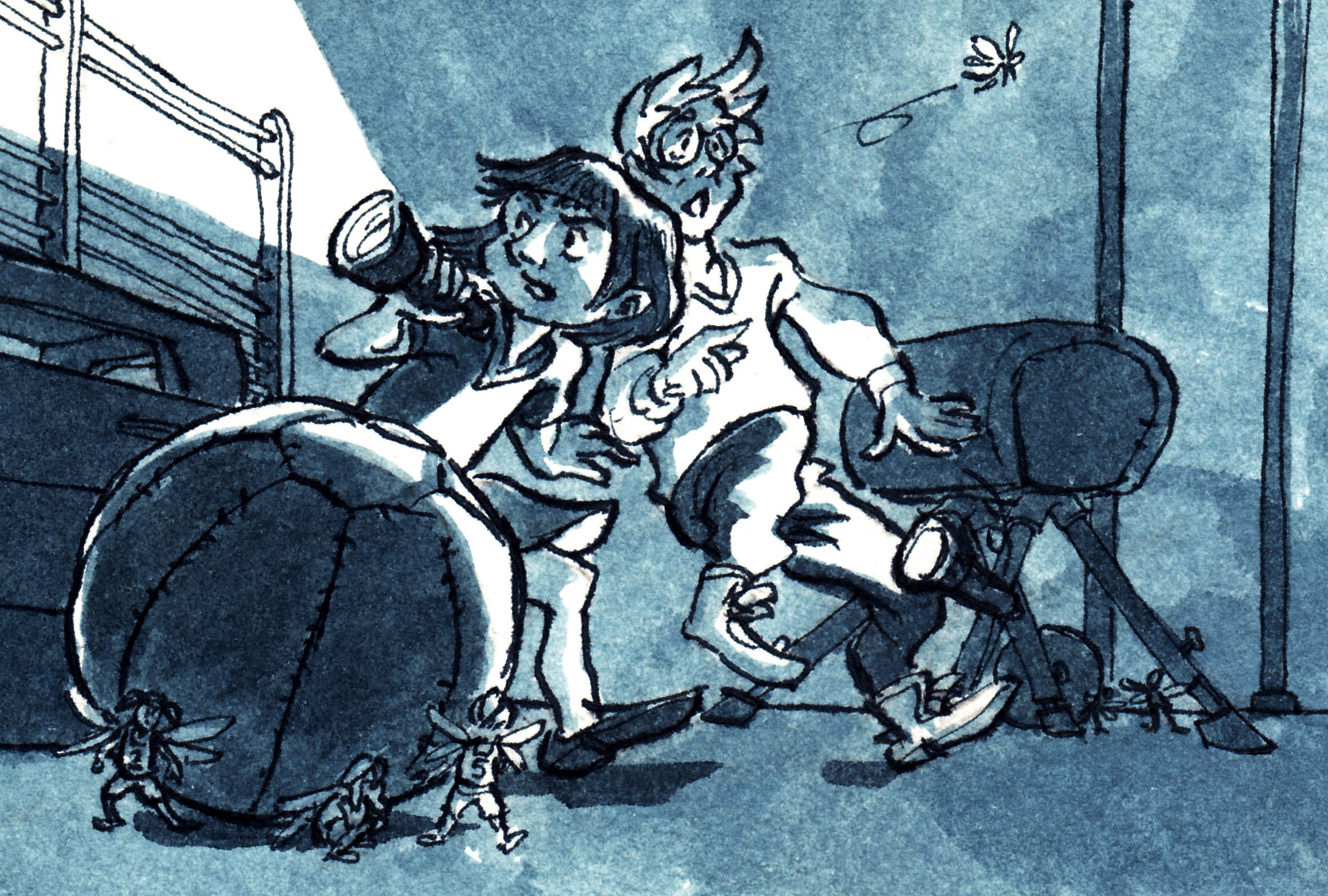 Kinder suchen nachts in Turnhalle nach Feen. Illustration in Tusche.