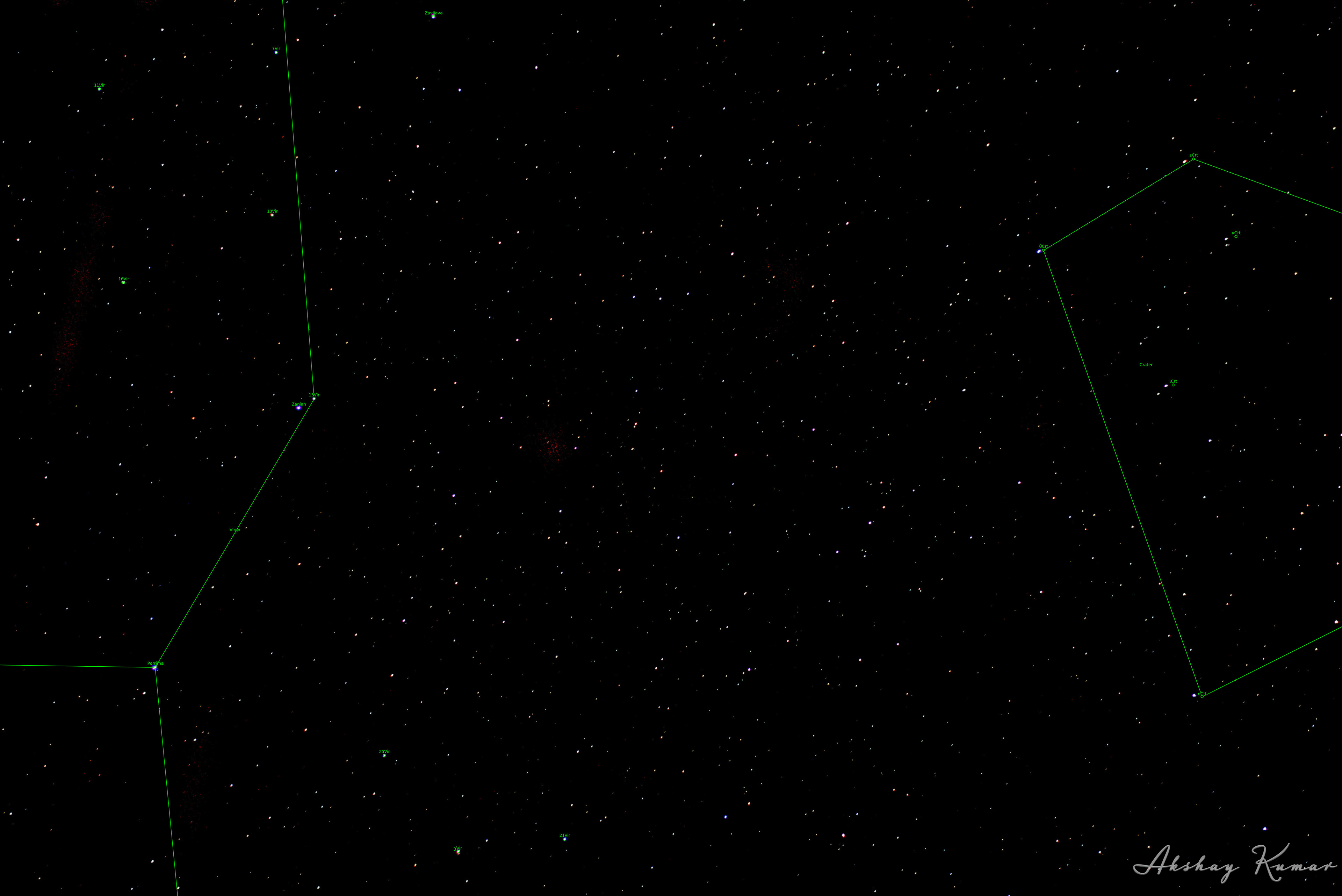 Frame contains portions of constellations Virgo and Crater. Brightest stars in the frame include 16Vir, εCrt, ζCrt, θCrt, χVir, Zaniah (ηVir), Porrima (γVir), Zavijava (βVir), Gienah (γCrv)