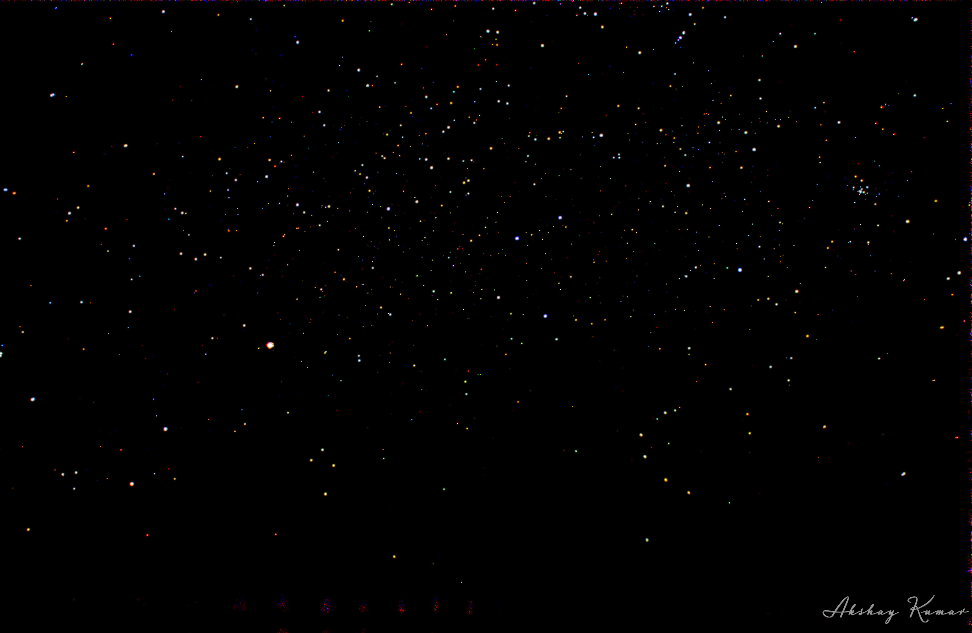 Conjunction of Saturn, Jupiter, Pluto and Mars in Sagittarius constellation. Parts of constellation Corona Austrina, Capricornus, Scorpius and Telesopium are also visible. Other elements of the frame include the nebulae NGC6727, NGC6526, M8, Lagoon Nebula, NGC6523. Brightest stars in the frame are ι1Sco, Alnasl (γ2Sgr), πSgr, Kaus Borealis (λSgr), Media (δSgr), Ascella (ζSgr), κSco, Nunki (σSgr), Kaus Australis (εSgr), Shaula (λSco), Scutum.